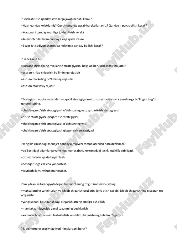 ruvchi =boshqaruv apparatida muayyan lavozimni egallagan shaxs =uch kishidan kam bo’lmagan qo’l ostida ishlovchiga ega bo’lgan raxbar =foyda keltiruvchi ?boshqaruv tadbirlarini bajarish usullariga bog‘liq ravishda qanday guruhlarni ajratish mumkin? =tashkiliy-ma’muriy, analitik konstruktorlik va axborot-texnikaviy tadbirlar =analitik konstruktorlik va axborot-texnikaviy tadbirlar =tashkiliy-ma’muriy, axborot-texnikaviy tadbirlar =axborot-texnikaviy tadbirlar ?kim birinchilardan bo‘lib boshqaruv prinsiplarini yaratdi? =a.fayol =f.teylor =f.gilbert =m.parker ?korxonaning ijtimoiy tizimi qonuniy ravishda qanday tizimga bo‘linadi? =boshqaruvchi va boshqariluvchi =yordamchi xodimlar =aqliy mehnat xodimlari =mutaxassislar, ishchilar ?boshqaruv ob’ekti nima? =korxonalar, tashkilotlar va muassasalar personali =tashkilotlar personali =korxonalar personali =korxona boshqaruvchi xodimlari ?kadrlarni boshqarish nima? =xodimlarni nazorat qilish va ishni to‘g‘ri taqsimlash =bu tashkilotni nazorat qilish =bu tashkilotni rejalashtirish =bu tashkilotni koordinatsiyalash ?gorizontal mehnat taqsimoti: =barcha ishni uni tuzgan komponentlari bo‘yicha ajratish =barcha ishni bo‘ysinuvchilarga taqsimlash =harakatlarni muvofiqlashtirish ishlari =ishni og‘ir yengilligi, oddiy va murakkabligi. ?boshqaruv vazifalarining guruhlari to‘g‘ri belgilangan javobni toping: =shaharlaro, informatsion, qaror qabul qilish bilan bog‘liq =shaharlaro, informatsion, texnologik =informatsion, texnologik, …
