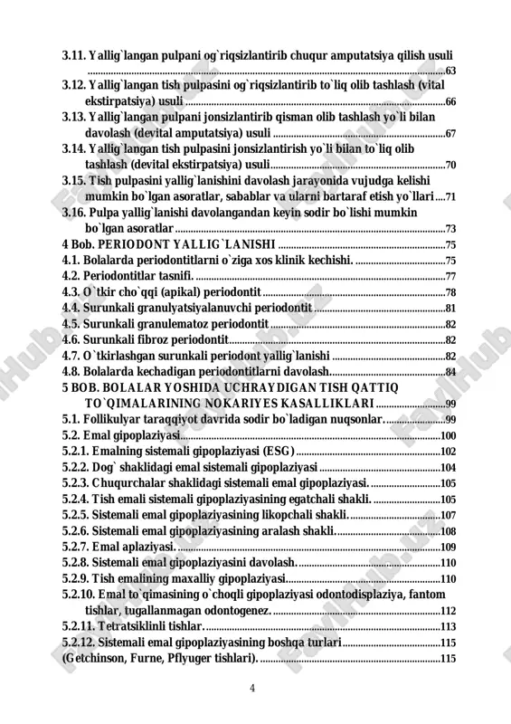 . yallig`langan pulpani jonsizlantirib qisman olib tashlash yo`li bilan davolash (devital amputatsiya) usuli ...................................................................67 3.14. yallig`langan tish pulpasini jonsizlantirish yo`li bilan to`liq olib tashlash (devital ekstirpatsiya) usuli ....................................................................70 3.15. tish pulpasini yallig`lanishini davolash jarayonida vujudga kelishi mumkin bo`lgan asoratlar, sabablar va ularni bartaraf etish yo`llari ....71 3.16. pulpa yallig`lanishi davolangandan keyin sodir bo`lishi mumkin bo`lgan asoratlar .........................................................................................................73 4 bob. periodont yallig`lanishi .................................................................75 4.1. bolalarda periodontitlarni o`ziga xos klinik kechishi. ...................................75 4.2. periodontitlar tasnifi. .................................................................................................77 4.3. o`tkir cho`qqi (apikal) periodontit .......................................................................78 4.4. surunkali granulyatsiyalanuvchi periodontit ...................................................81 4.5. surunkali granulematoz periodontit ....................................................................82 4.6. surunkali fibroz periodontit ....................................................................................82 4.7. o`tkirlashgan surunkali periodont yallig`lanishi ............................................82 4.8. bolalarda kechadigan periodontitlarni davolash.............................................84 5 bob. bolalar yoshida uchraydigan tish qattiq to`qimalarining nokariyes kasalliklari ...........................99 5.1. follikulyar taraqqiyot davrida sodir bo`ladigan nuqsonlar. .......................99 5.2. emal gipoplaziyasi ....................................................................................