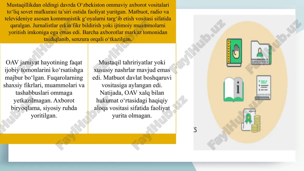 ik bilan bevosita muloqot o‘rnatilmoqda. shu bilan birga, bu sohada axborot ishonchliligi va etik masalalar muhim ahamiyat kasb etmoqda. internet oav xalqaro yangiliklarni ham tezkor yoritish imkonini beradi. axborotning ochiqligi jamiyatda fikrlar xilma-xilligini kuchaytirmoqda. bugungi kunda internet oav milliy media tizimining ajralmas qismiga aylangan. ommaviy axborot vositalari jamiyatda “to‘rtinchi hokimiyat” sifatida muhim rol o‘ynaydi. ular davlat siyosatini aholiga yetkazish va jamoatchilik fikrini shakllantirishda vositachi bo‘lib xizmat qiladi. oav orqali fuqarolar mamlakatda kechayotgan o‘zgarishlar haqida to‘liq ma’lumot oladi. jurnalistlar ijtimoiy muammolarni ko‘tarib chiqib, ularning yechimi bo‘yicha takliflar beradi. oav shuningdek, tanqidiy tahlil va muhokama maydoni sifatida ham muhim ahamiyatga ega. ular fuqarolarning huquqiy madaniyatini oshiradi va ijtimoiy faolligini kuchaytiradi. axborot vositalari orqali davlat idoralarining ochiqligi ta’minlanadi. siyosiy hayotda oav erkinlik va demokratiya tamoyillarining kafolatidir. media jamiyat va hukumat o‘rtasidagi ishonchni mustahkamlashga xizmat qiladi. shu bois oavning ijtimoiy va siyosiy hayotdagi o‘rni tobora ortib bormoqda. o‘zbekiston respublikasida ommaviy axborot vositalari faoliyati qonuniy …