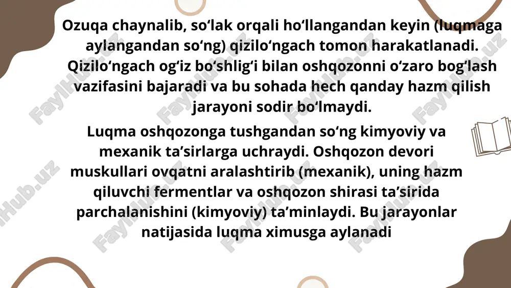 utmaslik lozim. 2-qoida. to’g’ri pishirish usuli. mahsulotdagi barcha oziqa moddalarni saqlab qolish uchun unga minimal darajada issiqlik bilan ishlov berish zarur. makaron yoki donlarni bir necha daqiqa davomida pishirish kifoya. go’sht va baliq mahsulotlariga esa issiqlik bilan yaxshiroq ishlov berish tavsiya etiladi, chunki ularda turli parazitlar bo’lishi mumkin. shu bilan birga, mahsulotlarni yog’da qovurishdan bosh tortish yaxshiroqdir, eng yaxshi usullar — qaynatish, pechda yoki bug’da pishirish sanaladi. 3-qoida. ovqat tayyorlash uchun tabiiy va yangi mahsulotlardan foydalanish. har qanday yarim tayyor mahsulot yoki konservantlar, ta’m kuchaytirgichlari va bo’yoqlar organizmga tushadigan yukni oshiradi, toksinlarning chiqib ketishini qiyinlashtiradi va metabolizmni sekinlashtiradi. pechda pishirilgan tovuq bo’lagi do’kondan xarid qilingan eng yuqori sifatli va eng qimmat kolbasa mahsulotlariga qaraganda bir necha barobar foydaliroqdir ovqatlanish tartibi 1-qoida. ovqatlanish tartibiga amal qilish qat’iy sanaladi. juda kam ovqatlanish ham, tez-tez ovqatlanish yoki doimiy ravishda yengil tamaddilar qilish ham zararli hisoblanadi. sog’lom kishi kuniga 4-5 marta, ovqatlanish oralig’ini 5 …