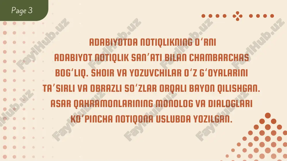 lari g‘arbda “rhetoric” (ritorika) fanida chuqur o‘rganiladi. bu fandan o‘quvchilar va talabalar muloqotda samarali so‘zlash, bahs yuritish va ishonchli fikr bildirishni o‘rganadilar.sharqona va g‘arbona uslublar taqqoslanishi sharqona notiqlik ko‘proq kinoya, iqtibos, hikmat orqali go‘zal uslubda ta’sir qilsa, g‘arbona notiqlik to‘g‘ridan-to‘g‘ri, aniq dalillar bilan tinglovchiga ta’sir qilishga asoslanadi . xulosa — insoniyat tafakkurining eng yuksak namoyonlaridan biridir. u nafaqat og‘zaki nutq, balki adabiyot, siyosat, din, falsafa va ma’naviyat sohalarida ham chuqur ildiz otgan. sharq va g‘arb adabiyotlari bu borada boy an’analarga ega bo‘lib, har bir sivilizatsiya o‘z ijtimoiy- madaniy sharoitidan kelib chiqqan holda notiqlikni rivojlantirgan. sharqda notiqlik ko‘proq axloqiy, diniy va ma’naviy mazmun bilan sug‘orilgan bo‘lsa, g‘arbda esa siyosiy, huquqiy va ijtimoiy hayot bilan chambarchas bog‘liq holda shakllangan.sharq adabiyotida alisher navoiy, sa’diy, rumiy kabi buyuk siymolar notiqlikni asarlarida badiiy go‘zallik bilan uyg‘unlashtirgan. ular hikmat, maqol, iqtibos va obrazlar orqali o‘z g‘oyalarini xalqqa yetkazganlar. ayniqsa tasavvufiy adabiyotda notiqlik qalbni uyg‘otish, insonni komillikka …