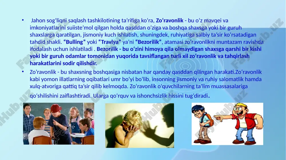 shtirokchidan kechirim so'raydi). 3) jabr ko'rgan kishiga ochiq xatni yozish texnikasi (xat manzilga etib bormasligi mumkin, lekin xatni yozishda chuqur hissiyotlarni boshdan kechiradi). 4) depressiv va o'z joniga qasd qilish holatlarini oldini olish yuzasidan ijobiy munosabat va muvaffaqiyatli kelajakka ishonch mavzularida affirmatsiyalar (tasdiqlar) o'qituvchilar bilan ishlash 1) psixolog tomonidan maktabda zo'ravonlikning oldini olish bo'yicha mahorat -darsi o'tkazish. 2) sinf rahbarlariga har bir yosh toifasi uchun alohida tanlangan mavzu bo'yicha «ertak terapiyasi» treningini o'tkazish to'g'risida ko'rsatma berish (ushbu trening uchun psixolog malakasi talab qilinmaydi) 3) bukletlarni tarqatish (respublika tashxis markazi tomonidan elektron shaklda taqdim etilgan). 4) zo'ravonlikka qarshi aktsiyani qo'llab-quvvatlash uchun ma'lum bir vaqtda, maktab hovlisida maktab o'quvchilari ishtirokida, plakatlar, shiorlar, qo'shiqlar bilan flesh-mob tashkil qilish (bularni tasvirga olish va ma'lum bir vaqtda ijtimoiy tarmoqqa joylashtirish). image1.png image2.jpg image3.jpg image4.png image5.jpg image6.jpg image7.jpg image8.png image9.png image10.png image11.jpeg image12.jpg image13.jpeg image14.jpg image15.jpg image16.png image17.png image18.png image19.jpeg image20.png image21.png image22.jpeg image23.png image24.png image25.emf …