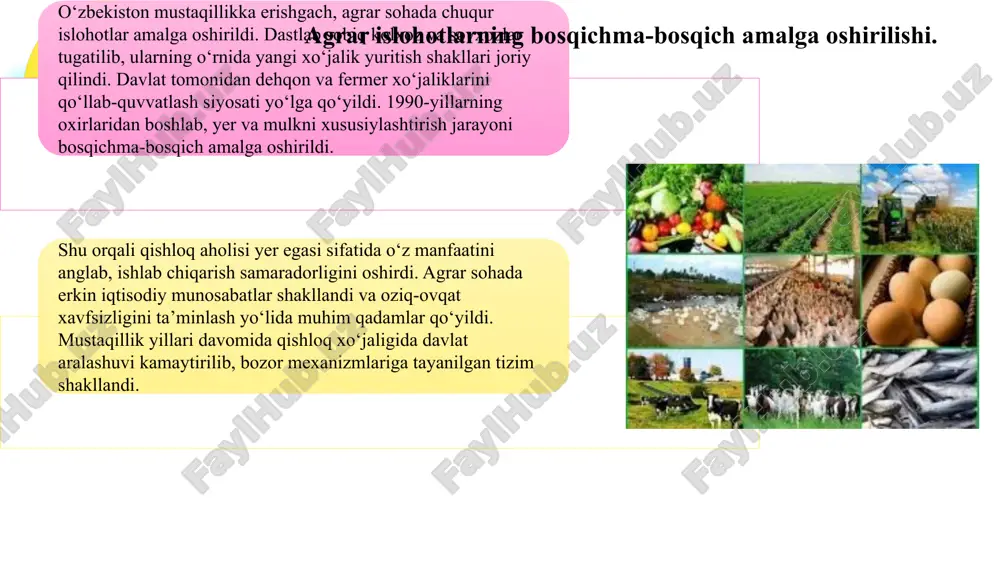 riy etish bo‘yicha izchil islohotlar amalga oshirilmoqda. “raqamli o‘zbekiston – 2030” strategiyasi doirasida ishlab chiqarish korxonalari avtomatlashtirilmoqda va sun’iy intellekt, big data, iot kabi texnologiyalar keng qo‘llanmoqda. bu jarayon ishlab chiqarish samaradorligini oshirib, inson omiliga bog‘liqlikni kamaytirmoqda. shuningdek, innovatsion sanoat zonalari, texnoparklar va ilmiy ishlab chiqarish markazlari tashkil etildi. ularning faoliyati zamonaviy texnologiyalarni ishlab chiqish va amaliyotga joriy etishga qaratilgan. bu o‘zgarishlar sanoatning raqobatbardoshligini oshirish va xalqaro bozorga integratsiyasini kuchaytirishga xizmat qilmoqda. agrar va sanoat sohalarida amalga oshirilgan islohotlar natijasida minglab yangi ish o‘rinlari yaratildi. fermer xo‘jaliklari, qayta ishlash korxonalari, ishlab chiqarish klasterlari va texnoparklar aholining bandligini ta’minlashda muhim omil bo‘ldi ayniqsa, qishloq joylarda mehnat imkoniyatlarining kengayishi aholi daromadlarining oshishiga olib keldi. shu bilan birga, infratuzilma va ijtimoiy xizmatlar rivojlanib, turmush darajasi sezilarli yaxshilandi. davlat tomonidan tadbirkorlikni qo‘llab-quvvatlash va soliq imtiyozlari berilishi iqtisodiy faollikni yanada kuchaytirdi. bularning barchasi aholining farovon hayot kechirishiga xizmat qilmoqda. sanoat va qishloq xo‘jaligi sohalaridagi modernizatsiya …