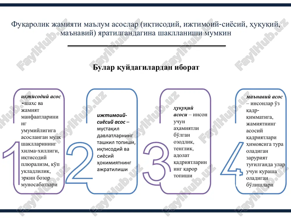 ik jamiyati, davlat, huquqiy davlat, siyosiy institutlar, fuqarolik jamiyati institutlari, fuqarolarning huquq va erkinligi, inson huquqlari, jamiyatining ijtimoiy tuzilmasi, jamiyatining iqtisodiy asoslari, demokratik institutlar, qonun ustuvorligi, saylov, saylov huquqi, fuqaroviylik, fuqaro faolligi, yurt tinchligi, vatan ravnaqi, xalq farovonligi, yuksak ma'naviyat, daxldorlik hissi, ommaviy axborot vositalarini erkinlashtirish, o'zini o'zi boshqarish, millatlar va konfessiyalararo totuvlik, jamoatchilik nazorati, davlat organlari faoliyatining ochiqligi, ijtimoiy sheriklik kabilardir. • ilmiylik – fuqarolik jamiyati to'g'risidagi g'oyalar, nazariyalar, zamonaviy kontseptsiyalarni tahlil qilish asosida uning metodologik nazariy asoslarini ko'rsatish. • tarixiylik - fuqarolik jamiyatining shakllanishining tarixiy bosqichlari, ularning o'ziga xos xususiyatlarini tahlil qilgan holda jahon tajribasida erishilgan yutuqlardan foydalanish asosida tahlil etish. • mantiqiylik – fuqarolik jamiyati shakllanishining genezisidan to bugungi holatigacha bo'lgan jihatlarini (asosiy belgilari, omillari, tamoyillari, funktsiyalari) uzviylik asosida tahlil qilish. • tizimlilik – fuqarolik jamiyatini bir butun tizim sifatida va har bir belgilarning paydo bo'lishi, rivojlanishi va tizimdagi o'rni va rolini ko'rsatish. • qiyosiy tahlil metodi …