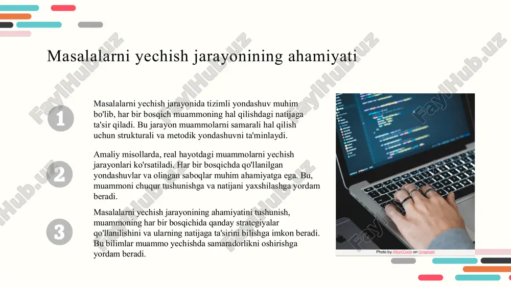 arnival.com/ slide 1 slide 2 slide 3: masalalarni yechish bosqichlari slide 4: masalalarni yechish jarayonining ahamiyati slide 5: algoritmlar va ularni ifodalash usullari slide 6: algoritmlarning turlari va ularning xususiyatlari slide 7: algoritmlarni amaliyotda qo‘llash slide 8: muammolarni hal qilishda algoritmlar slide 9: xulosa slide 10: foydalanilgan adabiyotlar slide 11: e'tiboringiz uchun rahmat!