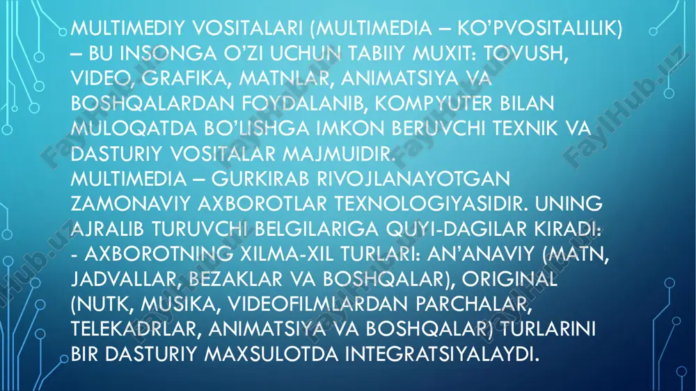 grafika, matnlar, animatsiya va boshqalardan foydalanib, kompyuter bilan muloqatda bo’lishga imkon beruvchi texnik va dasturiy vositalar maj slide 5: multimedia vositalarining 1981 yildagi yalpi oboroti 4 mlrd. aqsh dollarini tashkil qilgan bo’lsa, 1994 yili esa 16 mlrd. aqsh dollarini tashkil kildi. x,ozirgi kunda esa sotilayotgan har bir komp’yuterni multimedia vosi­talarisiz tasavvur qilib slide 6: multimedia uchun zamonaviy sd-rom texnologiyalar tak-dimnomasi ilk marta 1987 yili sietldagi konferensiyada (second microsoft sd – rom sopfegense) bo’lib o’tdi va bu sana video va audioaxborotli to’laqonli multimedianing paydo bo’lishi boshlanish slide 7: multimedia ta’lim vositalarining kamchiliklari 1. o’qituvchilar va talabalarning inertsiyasini rag’batlantiradi kurs dasturining ahamiyatini haddan tashqari ta’kidlang, faqat o’quv dasturidan foydalanish darsni yaxshilashi mumkin deb o’ylang va h slide 8: ta’limda multimedia texnologiyalaridan foydalanish rangli grafika, animatsiya, tovush, gipermatnlardan foydalanishga imkon beradi; doimiy yangilash imkonini beradi; nashr qilish va ko’paytirish uchun kam xarajatlarga ega; viktorinalar yoki kabi slide 9: multimedia kompyuter texnologiyalari o’qituvchiga o’rganilayotgan …