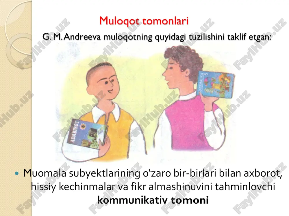 bo‘yicha (psixologik yoki fiziologik holatlar almashinuvi); -sabablar bo‘yicha (xohish, maqsad, manfaat, ehtiyoj almashuvi); -faoliyat bo‘yicha (ish harakat, operatsiyalar, qarashlar, yangiliklar almashinuvi); muloqot jarayonidgi bir qator omillar muloqotning ustunligini ta’minlaydi. ular jismoniy, himoyaviy, falsafiy, psixologik, ruhiy, jtimoiy, iqtisodiy va hokazo qoidalarga ko‘ra muloqotning har qanday turi ijobiy yoki salbiy ta’sir ko‘rsatishi mumkin. quyidagilar muloqotni ta’minlaydi. -suhbatdoshlarning bir-biriga muvofiqligi; -ular orasidagi o‘zaro tushunish; -muloqot uchun etarli vaqt; -muloqot yangiliklariga ega bo‘lish samarali muloqot va uni ta’minlovchi yo‘l va vositalar ikkita asosiy kamchilikni bartaraf etishga xizmat qiladi; - har bir shaxs tafakkurining muqobil bo‘lishi mumkinligini anglashi, ya’ni suhbatdosh avval boshdan o‘zgalarda ham o‘zining fikriga qarama-qarshi fikr bo‘lishi mumkinligini tushunishi va bu narsa bilan hisoblashishi zarurligi; - o‘z fikrlari va harakatlarkning motivlari, ularning asl sabablarini anglash imkoniyati, ya’ni har bir shaxsda o‘z shaxsiy tajribasi, hayotga subyektiv munosabatlari oqibatida "ego" - ehtiyojlar majmui shakllanib boradiki, u boshqalardagi ayni shunday ehtiyojlarga tubdan qarama-qarshi yoki qisman ziddiyatli …