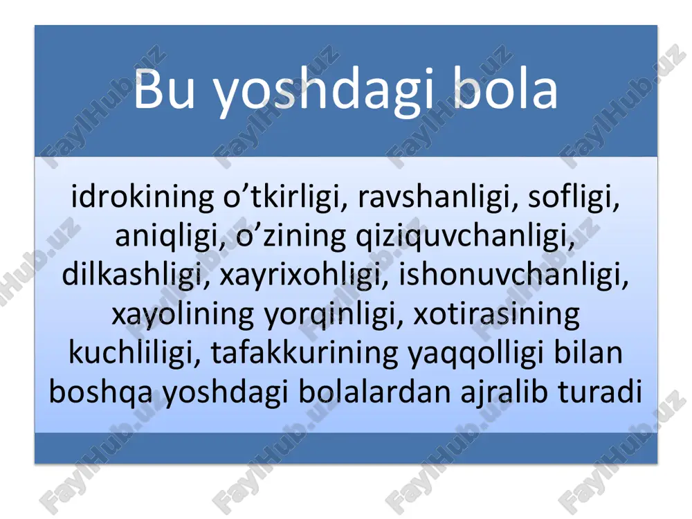 r. buni j.piaje o’z tajribasida ko’rgan. kichik maktab yoshi davrida sonlarni o’zgarmasligini 9- 10 yoshda hajmni o’zgarmasligini 11- 12 yoshda yoshda anglab yetadi r.g.natadzening tajribasida kichik maktab yoshidagi kit bilan delfinni farqlash imkoniyati yo’qligi ma’lum bo’lgan va ular ikkalovini ham baliq, deb ataganlar. bu hol umumlashtirish o’zga tashlanuvchi tashqi belgi va alomatlarga qarab amalga oshishini isbotlaydi quyosh, momoqaldiroq, sigir, avtomobilg‘, qush va hokazolar to’g‘risida fikr yuritishda quyosh isitadi, yoritadi, momoqaldiroq guldiraydi, sigir sut beradi, avtomobilg‘ yuk tashiydi, qush sayraydi kabi hukmlar chiqaradilar, shuning uchun agar o’rganilayotgan materiallarning muhim belgi va alomatlarini bevosita aniqlash zarurati tug‘ilsa, darrov ko’rinadigan misolga murojaat qiladilar. birinchi va ikkinchi sinf o’quvchilari o’quv faoliyatlarini buyumlarning jozibador tashqi belgilariga tayanib tashkil qiladilar: o’quvchilar uchinchi sinfga o’tganidan so’ng umumlashtirishda moddiy dunyo voqelikning eng muhim munosabat va bog‘lanishlarini aks ettiruvchi ichki belgilarga tayanadilar. jumladan, suv, havo, metall va boshqa narsalarning issiqdan kengayishini umumiy muhim alomatiga asoslanib umumlashtira oladilar. bundan tashqari, …