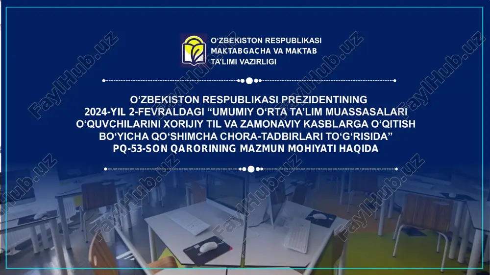 alb qiladi boshqarma maktablarga tadbirkor va hunarmandlarni jalb qilib, ishchi kasblarga o‘qitish jarayonlarini nazorat qiladi vazirlik maktablarga tadbirkor va hunarmandlarni jalb qilib, ishchi kasblarga o‘qitish jarayonini muvofiqlashtiradi maktablarda ustaxonalar tashkil etiladi “kasbiy ta’lim ustasi” lavozimi joriy qilinadi birinchi yo‘nalish – tadbirkor va hunarmandlarni jalb qilish 4 5 6 maktabgacha va maktab ta’limi vazirligi maktabgacha va maktab ta’limi vazirligi qaror bandlari mazmuni maktab axborot texnologiyalariga oid zamonaviy kasblarga o‘qitish jarayonini tashkil qiladi tuman (shahar) bo‘limi axborot texnologiyalariga oid zamonaviy kasblarga o‘qitishni tashkillashtiradi boshqarma axborot texnologiyalariga oid zamonaviy kasblarga o‘qitish jarayonini nazorat qiladi vazirlik axborot texnologiyalariga oid zamonaviy kasblarga o‘qitish jarayonini muvofiqlashtiradi maktab ustaxona bo‘yicha takliflarni tuman (shahar) bo‘limiga taqdim qiladi tuman (shahar) bo‘limi ustaxonalar bo‘yicha takliflarni hududiy boshqarmaga taqdim qiladi boshqarma ustaxonalarni jihozlash bo‘yicha takliflarni tayyorlab vazirlikka taqdim qiladi vazirlik ustaxonalarni jihozlash va kasbiy ta’lim ustalari mehnatiga haq to‘lash choralarini ko‘radi ikkinchi yo‘nalish – axborot texnologiyalariga oid zamonaviy kasblarga o‘qitish monomarkaz …
