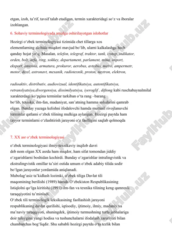 r, toponimlar ham joy olgan. istilohlarning joriy (kirill) hamda arab yozuvlarida berilishi lug‘atning ilmiy qimmatini ta’minlagan. asarga lug‘atmaqolalar ilova qilingan, u foydalanilgan adabiyotlar ro‘yxati va ko‘rsatkichlar bilan to‘ldirilgan. leksikografiya prinsiplarigaaaaaa rioya qilingan holda tuzilgan ushbu lug‘atda boshqa lug‘atlardan farqli o‘laroq ma’rifiy yoxud tasavvufiy ta’limot bilan bog‘liq tarzda shakllangan, ijtimoiy ma’no-maxmun kasb etgan, izoh, ta’rif, tavsif talab etadigan, termin xarakteridagi so‘z va iboralar izohlangan. 6. sohaviy terminologiyada amalga oshirilayotgan islohotlar hozirgi o‘zbek terminologiyasi tizimida chet tillarga xos elementlarning alohida miqdori mavjud bo‘lib, ularni kalkalashga hech qanday hojat yo‘q. masalan, telefon, telegraf, traktor, tank, izotop, indikator, orden, bolt, arfa, ring, xokkey, departament, parlament, mina, import, eksport, antenna, armatura, prokuror, aerobus, avtobus, metro, ampermetr, motor, dizel, astronavt, mexanik, radiotexnik, proton, neytron, elektron, 100 radioaktiv, distributiv, audiovizual, identifikatsiya, autentifikatsiya, retranslyatsiya,divergensiya, dissimilyatsiya, iyeroglif , diftong kabi ruschabaynalmilal xarakterdagi ko‘pgina terminlar tarkiban o‘ta rang –barang bo‘lib, texnika, ilm-fan, madaniyat, san’atning hamma sohalarini qamrab olgan. bunday yuzaga …