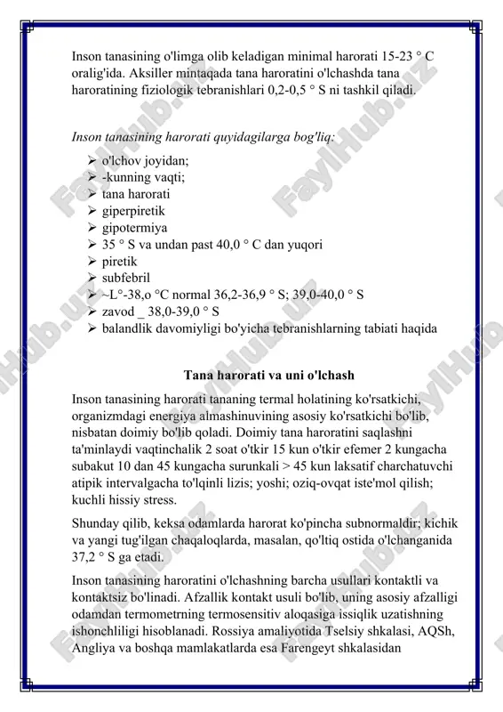 davomida harorat farqi 2 ° c dan 4 ° c gacha bo'lgan tebranishlar (sil, sepsis, limfogranulomatoz uchun xarakterlidir). buzilgan - (teskari tip), ertalabki haroratning kechqurunga qaraganda ko'proq ko'tarilishi bilan tavsiflanadi (sil, sepsis uchun odatiy). atipik - tartibsiz, har xil kattalik va davomiylik (gripp, revmatizm, dizenteriya uchun tipik). intervalent - yoki intervalgacha, 39-40 ° c va undan yuqori darajada keskin ko'tarilishi bilan tavsiflanadi, bir necha kun davom etadi, keyin normal holatga tushadi va bir necha kun davomida normal bo'lib qoladi, so'ngra uning aylanishi takrorlanadi (bezgak uchun odatiy). to'lqinli - o'sish davrining normaga va hatto me'yordan pastroq bo'lgan davrlari bilan almashinishi bilan tavsiflanadi (limfogranulomatoz, brutsellyoz uchun xarakterli). lizis - haroratning pasayish bosqichi bo'lib, haroratning bir necha kun davomida asta-sekin normal darajaga tushishi bilan tavsiflanadi va isitmaning uchinchi davrida kuzatiladi. inqiroz - bu haroratning pasayish bosqichi bo'lib, uning davomida haroratning keskin pasayishi bilan tavsiflanadibir necha soat. ko'p terlash va yurak-qon tomir zaifligi (kollaps) …