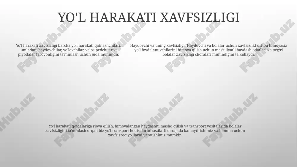 ing asosiy sabablaridan biridir. yo'lovchilar uchun xavfsizlik kamarlaridan foydalanish - xavfsizlik kamarini taqmagan yo'lovchilar avtohalokatda halok bo'lish ehtimoli 15 baravar ko'p.- xavfsizlik kamarlari yo'lovchilarni avtohalokatda transport vositasining atrofiga tashlab ketishidan saqlaydi, bu esa jiddiy jarohatlarning oldini oladi xavfsizlik kamarlari xavfsizligi qonunlari- barcha shtatlarda haydovchilar va yo'lovchilar xavfsizlik kamarini taqishni talab qiluvchi qonunlar mavjud.- xavfsizlik kamarini taqmaslik uchun jarima shtatdan shtatga farq qiladi.- ba'zi shtatlarda xavfsizlik kamarini taqmaslik ham ball qo'shilishiga olib kelishi mumkin. haydovchilik guvohnomangizga. havo yostig'ini ochish havo yostig'ining ochilishi:- xavfsizlik yostiqchalari to'qnashuv vaqtida yo'lovchilarni yostig'i uchun tez ochilib, jarohatlar xavfini kamaytiradi.- sensorlar zarbani aniqlaydi va xavfsizlik yostig'i ochilishini millisekundlar ichida ishga tushiradi.- havo yostig'i odatda o'chirishdan oldin bir necha soniya davom etib, vaqtinchalik himoyani ta'minlaydi. yo'lovchilar xavfsizligi:- yo'lovchilar xavfsizlik kamarlarini ham taqishlari va asboblar paneliga oyoq yoki narsalarni qo'ymasliklari kerak.- xavfsizlik yostiqchalari to'g'ri o'tirilmagan yoki ularning ochilishiga to'sqinlik qiladigan narsalari bo'lgan yo'lovchilarga shikast etkazishi mumkin haydovchilar xavfsizligi:- haydovchilar …
