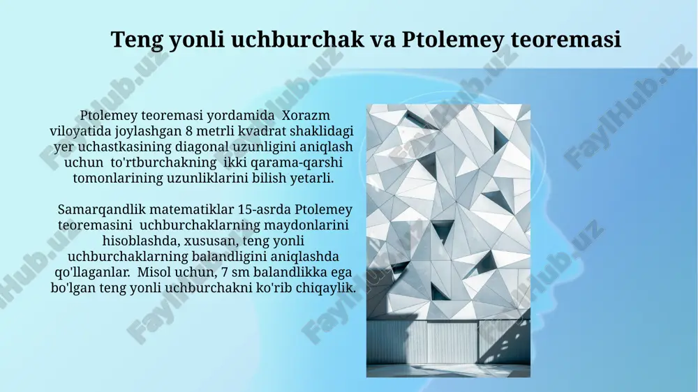 ko'ra, agar to'rtburchakka aylana chizilgan bo'lsa, unda uning qarama-qarshi tomonlarining uzunliklari ko'paytmalarining yig'indisi diagonallar uzunliklari ko'paytmasiga teng bo'ladi: abcd + bcda = acbd. bu munosabat 100 dan ortiq yillar davomida turli geometrik masalalarning yechimida muhim rol o'ynadi. ptolemey teoremasi geometriya, trigonometriya va hatto algebra sohalarida ham keng qo'llaniladi. masalan, u 17-asrda fransuz matematiklarining murakkab hisoblashlarda muhim yordamchi vosita sifatida ishlatilgan va geometrik konstruktsiyalarni soddalashtirishga yordam bergan. aylana tashqarisidagi to'rtburchaklar aylana tashqarisidagi to'rtburchaklar uchun ptolemy teoremasi, 2 ta qarama-qarshi tomonlar uzunliklari ko'paytmasi yig'indisi, qolgan 2 ta tomonlar uzunliklari ko'paytmasi yig'indisiga teng ekanligini isbotlaydi, bu esa geometriyada muhim ahamiyatga ega. aylana tashqarisidagi to'rtburchakning qarama-qarshi tomonlari uzunliklari yig'indisi, 15-asr buxoro olimlari tomonidan o'rganilgan ptolemy teoremasi orqali aniqlanadi va bu yig'indi, aylananing diametriga bog'liq. ptolemey teoremasining qo'llanilishi teorema, 4 burchakli ko'pburchaklarning xususiyatlarini o'rganishda, ayniqsa, 12-asrda samarqanddagi astronomik hisob-kitoblarda, yulduzlar oralig'ini aniqlashda keng qo'llanilgan. ptolemey teoremasidan foydalanib, aylana ichiga chizilgan to'rtburchakning tomonlari va diagonallarining uzunliklari …