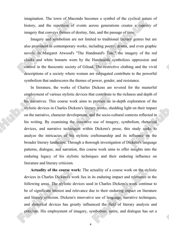 e, and dialogue has set a 5 benchmark in the study of narrative styles and has inspired generations of writers, scholars, and readers. aim of the course work: the aim of research work on the stylistic devices in charles dickens's work is to conduct a detailed exploration and analysis of the literary techniques and elements employed by dickens in his writing. this research seeks to delve into the various stylistic devices such as imagery, symbolism, satire, and rhetorical techniques utilized by dickens in his novels. the primary objective is to comprehensively investigate how these stylistic devices contribute to the development of characters, creation of vivid settings, and the conveyance of complex themes and messages within his narratives. furthermore, the research aims to analyze the impact of dickens's stylistic choices on the overall storytelling, and how they contribute to the emotional engagement and intellectual depth of his works. by understanding and …