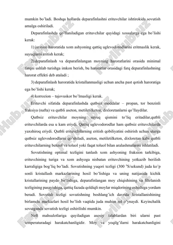 rodlarni -parafin va serezinlarni temperaturalarini pasaytirganda neft’ fraksiyalarini eritmasidan krisstallanib cho’kmaga tushib qolishidir. bunda strukturalangan sistema hosil bo’lib suyuq fazani bog’lab qo’yadi. past temperaturada qotadigan neft moylarini olish uchun ularni ishlab chiqarish texnologiyalariga deparafinlash - qattiq uglevodorodlarni ajratib olish jarayoni kiritilgan. shu bilan birga qattiq uglevodorodlar parafin, serezin va ular asosida ishlab chiqariladigan mahsulotlar uchum qimmatbaho xom ashyodir. neftni fraksiyalarini qattiq uglevodorodlari xuddi suyuq uglevodorodlar kabi normal tuzilishga ega bo’lib har-xil malekulyar massalilardir: izoparafinli - molekuladagi uglevodorodlar soni turlicha, har xil tarmoqlangan, naftenli - aromatik va naften aramatik - xalqalar soni turlicha butan va yonbosh zanjirlar normal va izo strukturali bo’lgan uglevodorodlar. qattiq uglevodorodlarni kimyoviy tarkibi fraksiyalarni qaynash temperaturalarining chegarasiga bog’liq. past temperaturada qaynaydigan moy fraksiyalarida asosan normal tuzilishga ega bo’lgan qattiq parafin uglevodorodlar bo’ladi. qaynash tem-peraturasiming ortishi bilan n-alkanlarning miqdori kamayadi, izoparafin va siklik uglevodorodlarni, asosan naften uglevodorodlarni miqdori ortadi. mazutni haydalgandan so’ng qolgan qoldiq-serezinda qattiq uglevodorodni asosiy komponentlarini …
