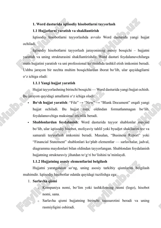 shunishga yordam beradi. 3. asosiy bo‘lim · moliyaviy natijalar, xarajatlar, daromadlar, balanslar va boshqa iqtisodiy ko‘rsatkichlar. · matn, jadval, diagrammalar va grafiklar orqali ma’lumotlar vizual tarzda taqdim etiladi. 4. xulosa va tavsiyalar · hisobot natijalari asosida tahlil, xulosa va kelajakdagi tavsiyalar beriladi. 1.1.3 sahifa va struktura sozlamalari hujjatni yaratishda sahifa tartibi va strukturasini belgilash muhim ahamiyatga ega: · sahifa orientatsiyasi: ko‘pincha iqtisodiy hisobotlar portret (vertical) formatida yaratiladi, ammo keng jadvallar yoki diagrammalar uchun landshaft (horizontal) formatidan foydalanish ma’qul. · qirralar (margins): standart qirralar (top, bottom, left, right) odatda 2–2,5 sm bo‘lishi tavsiya etiladi, bu chop etishda ma’lumotlarning kesilmasligini ta’minlaydi. · sahifa raqamlari: “insert → page number” orqali sahifa raqamlari qo‘yiladi, bu hujjatni tartib bilan o‘qishni osonlashtiradi. 1.1.4 bo‘limlar va bo‘lim sarlavhalarini shakllantirish word dasturida bo‘limlar va ularning sarlavhalarini formatlash muhim jihatlardan biridir: · heading 1, heading 2, heading 3 kabi uslublar yordamida bo‘limlar belgilanishi mumkin. · ushbu uslublar hujjatni elektron …