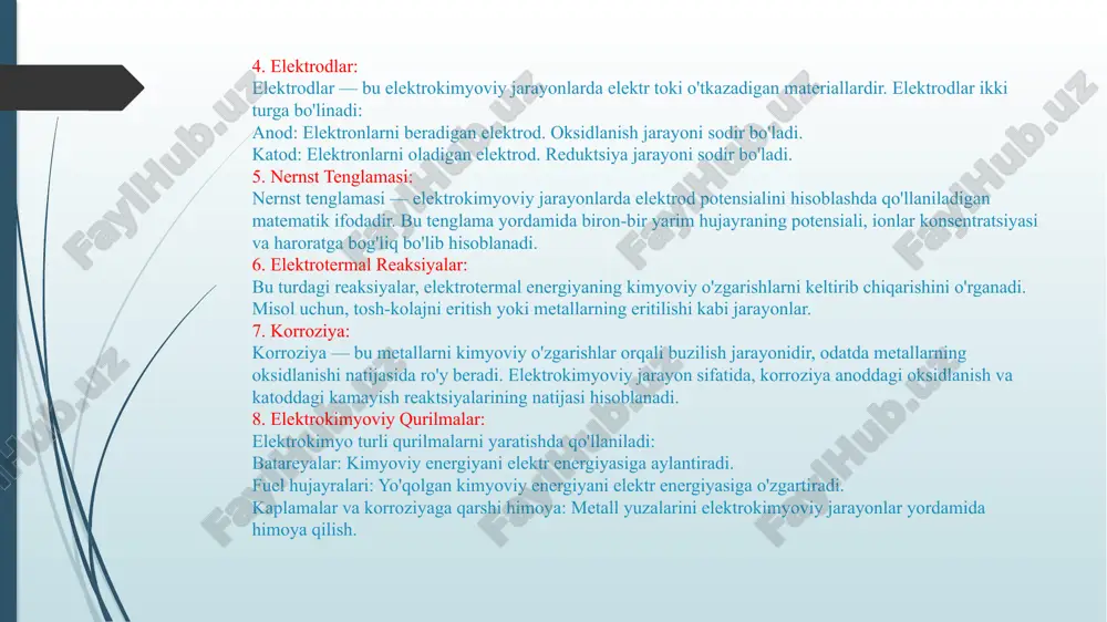 r eritmada turli ionlar bo'lsa, ular o'zaro almashinish jarayonlarini amalga oshiradi. bu jarayonlar ph, konsentratsiya yoki haroratga qarab o'zgarishi mumkin. elektrokimyoviy potensial: ionlar bir-biriga nisbatan elektrokimyoviy potensialni hosil qiladi, bu esa kimyoviy reaktsiyalarni boshqaradi. 4. galvanik hujayralarda jarayonlar: galvanik hujayralarda eritmada sodir bo'ladigan elektrokimyoviy jarayonlar, elektr toki ishlab chiqarish uchun kimyoviy energiyani ishlatadi. galvanik hujayralarda oksidlanish va reduktsiya reaksiyalari asosan ikki elektrod bo'ylab sodir bo'ladi: anodda oksidlanish: eritmada erigan metall ionlari elektron yo'qotadi va anodda metallga aylanishi mumkin. masalan, sinkning eritmada sodir bo'ladigan oksidlanish reaksiyasi: katodda reduktsiya: eritmada erigan kationlar elektronlar qabul qilib, metallga aylanadi. masalan, mis ionlarining reduktsiyasi. 5. eritmadagi ph va elektron almashinuvi: eritmadagi ph darajasi va ion konsentratsiyasi elektrokimyoviy jarayonlarga katta ta'sir ko'rsatadi. ph darajasi kislotalilik yoki asosiylikni bildiradi va bu moddaning oksidlanish yoki reduktsiya reaksiyalarini o'zgartirishi mumkin. kislotali muhitda: kislotali muhitda (ph 7) elektrokimyoviy jarayonlar boshqacha ko'rinishda bo'lishi mumkin. 6. eritmada koroziya (korrozion) jarayonlari: korrozion — …