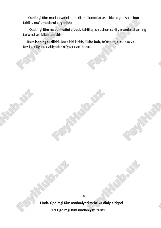 shli adabiyotlarini o'rganish; -qadimgi rim madaniyatini statistik ma'lumotlar asosida o'rganish uchun tahliliy ma'lumotlarni o'rganish; - qadimgi rim madaniyatini qiyosiy tahlil qilish uchun xorijiy mamlakatlarning tarix sohasi bilan tanishish; kurs ishning tuzilishi: kurs ishi kirish, ikkita bob, to'rtta reja, xulosa va foydalanilgan adabiyotlar ro'yxatidan iborat. 4 i bob. qadimgi rim madaniyati tarixi va diniy e'tiqod 1.1 qadimgi rim madaniyati tarixi qadimgi rimliklarning gretsiyani zabt etishi rimda greklar ta'sirining kuchayishiga olib kelgan. rimliklar gretsiya shaharlarini bosib olganlaridan so'ng, ozlaridan madaniy jihatdan ancha ilg'or bo'lgan xalqqa nisbatan ehtiyotkorlik bilan munosabatda bo'lganlar. hattoki, grek tilini, greklarning ilm-fanini va san'atini astoydil organishga kirishadilar. mil.avv. iii asr o'rtalariga kelib oz hohishi bilan rimga kochib kelgan yunonlar o'zlari bilan asrlar davomida qo iga kiritilgan ulug yunon madaniyati mahsullarini olib keladilar va rim madaniy hayotining barcha sohalariga ta'sir ko'rsata boshlaydilar. yunonlarning odatlari va marosimlari, rasm-rusumlari, kiyim-kechaklari, asbob-anjomlari rimliklarning turmushiga singib boradi. yunonlar badavlat rimliklarning bolalari ta'lim oladigan maktablarga …