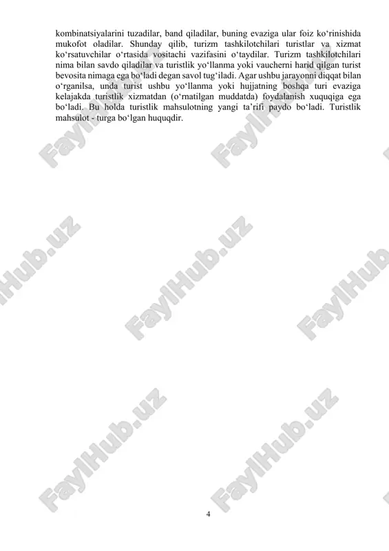 barcha boshqarmalar zamonaviy texnik vositalari bilan jihozlandi. jumladan, alohida belgilari bilan ajralib turuvchi avtobus, yengil xizmat avtomashinalari, motosikl, skuter, segvey hamda planshetlar bilan ta’minlangan[footnoteref:2]. [2: www.stat.uz] turistlarga xizmat ko’rsatishni tashkil etish maqsadlari va jarayonida turistning ehtiyoj-larini qondirish uchun yetarli bo‘lgan, eng kamida ikkita yoki undan ko‘proq birlamchi yoki ko‘plab turistlik xizmatlar, ishlar, tovarlar va ta’minot vositalari, boshqa turistlik zahiralardan tashkil topgan turistlik xizmatlar, ishlar va tovarlar (turpaket, turistlik xizmatlar paketi) ning tartibga tushirilgan hamda maqsadga yo‘naltirilgan majmuidan iborat. turistlik mahsulot (turpaket) xizmatlar harakatining 24 soatdan ortiq vaqtiga ega va yoki tunab qolish (joylashtirish) va joydan -joyga ko‘chib o‘tish (yuk tashish) ni o‘z ichiga oladi. turistlik mahsulot barcha ko‘rsatilgan xizmatlar va barcha harajatlarni o‘z ichiga olgan umumiy narx bo‘yicha taklif etiladi, uning iste’mol xususiyatlari esa shartnoma shartlariga mos keladi[footnoteref:3]. [3: www.lex.uz] agar turistlik xizmatlar ko‘rsatish jarayonini sinchiklab kuzatadigan bo‘lsak, unda turizm tashkilotchilari aynan xizmat ko‘rsatish bilan emas, balki ular turistlarning ehtiyojlariga …