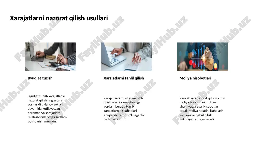 imdir buxgalteriya hisobi uchun eng yaxshi amaliyotlar davrli tekshiruvlar hisoblar ustida davrli tekshirishlar o'tkazish buxgalteriya xatolarini oldini olishga yordam beradi buxgalteriya hisobi uchun eng yaxshi amaliyotlar elektron tizimlardan foydalanish hisoblarni yuritishda zamonaviy elektron tizimlardan foydalanish operativlik va aniq ma'lumotlarni ta'minlaydi buxgalteriya hisobi uchun eng yaxshi amaliyotlar ochiqlik va shaffoflik hisob hujjatlari va ma'lumotlarning ochiqligi va shaffofligi ish jarayonlarini osonlashtiradi 9 moliyaviy tahlil va uning usullari moliyaviy tahlilning maqsadi moliyaviy tahlilning asosiy maqsadi tashkilotning moliyaviy holatini baholash va kelajakdagi moliyaviy qarorlar qabul qilishda yordam berishdir moliyaviy tahlil va uning usullari usullar moliyaviy tahlil uchun asosiy usullar solishtirish tahlili, vertikal va gorizontal tahlil hamda moliyaviy koeffitsientlar hisoblashdan iborat moliyaviy tahlil va uning usullari ma'lumotlar manbalari moliyaviy tahlil uchun zaruriy ma'lumotlar ishlab chiqarish hisobotlari moliyaviy balans va foyda va zarar hisobotlaridir moliyaviy tahlil va uning usullari 10 hisob-kitoblarni avtomatlashtirish imkoniyatlari tezlik va samaradorlik avtomatlashtirish hisob-kitob jarayonlarini tezlashtiradi va ishlov berishda xatolarni kamaytiradi hisob-kitoblarni …