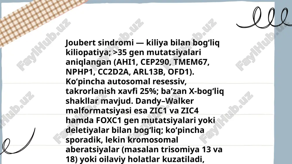 ellar diameter (tcd) va vermis o‘lchami 18–20 haftadan keyin baholanadi. akustik oynalar, ona tanasi va fetal pozitsiya ultratovush cheklovlari hisoblanadi. fetal mrt multiplanar va yuqori kontrast tufayli 20–24 haftadan keyin, us noaniq bo‘lsa tavsiya etiladi. mrt posterior fossa, vermis hipoplaziya, dandy-walker spektri va rhombencephalosynapsis kabi qo‘shma zararlanishlarni aniqlashda foydali. ... t.me/slaydai_bot prenatal ultratovush: skrining, struktura anomaliyalarini aniqlash. fetal mri: korpus, vermis, posterior fossa detallari, myelinatsiya bahosi. postnatal mri (t1, t2, flair): anatomik tuzilma, atrofiyasi, kistoz o'zgarishlar. dwi/dti: oq modda trakti va cerebellar pedunkllarning displaziya bahosi, traktoqrafiya. mr spektroskopiya: metabolik profil. fmri: funksional bog'lanish va kompensator reaktivlik. kompyuter tomografiya (ct): kalsifikatsiya va suyak anomaliyalar. 3d-volyumetrik o'lchovlar va qayta ishlash: diagnostika, prognoz va jarrohlik rejalashtirish. ... t.me/slaydai_bot serebellumning rivojlanish anomaliyalarida klinik belgilarga boshqaruv buzilishlari kiradi: ataksiya — gangirash, oyoq-qo‘l muvofiqligining buzilishi, dysmetriya, intension tremor va balans yo‘qolishi; hipotoniya — truncal va periferik mushak tonusining pasayishi, reflekslar normadan sekin yoki zaif; motor kechikishlar …