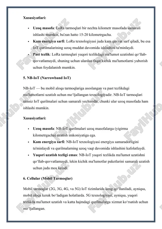a, nb-iot, 6lowpan kabi texnologiyalar o‘zining xususiyatlariga qarab, iot tizimlarining turli talablariga javob beradi. ular, masalan, aqlli uylar, sanoat monitoring tizimlari, avtomobil tizimlari, va boshqa iot ilovalarida muvaffaqiyatli ishlatilmoqda. image1.png image2.jpeg