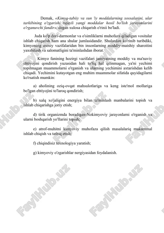 lar misr bilan bogʻlashadi. savdo-sotiq, xunarmandchilik va maaaniy alokalar juda rivojlangan bu mamlakatda ilm, falsafiy qarashlar, sanoat va qishloq xo`jaligi yaxshi rivoj topali. nil boʻyidagi iskandariya shahrida 1-asrda yozilgan traktatlarda koʻpgina kimyoviy maʼlumotlar, jumladan, kimyoviy ji-hozlarning koʻrinishlari, kuydirish, pishirish, toblash, quruq haydash, eritish, kristallanish, ajratish va b. usullar haqida maʼlumotlar keltiriladi. mazkur manbada oddiy metallardan oltin olish gʻoyasi ham ilgari surilgan boʻlib, mavhum bu izlanish fanning rivojlanishiga maʼlum darajada toʻsqinlik qildi, olimlar fikrini boshka — amalga oshmaydigan yoʻnalishga burib yubordi. iskandariya traktatlari maʼlumotlaridan foydalangan arab olimlari tez orada bir nechta yangi moddalar, jumladan, nitrat kislota, tuzlar va b.ni olishni kashf qildilar. misrlik olimlar tilidagi kimyoga arablar "al" qoʻshimchasini qoʻshib mashhur "alkimyo"ga asos soldilar. natijada koʻpgina ilmiy asarlar, kitoblar, maqolalar va tajribalar ifodalari paydo boʻldi. keyinchalik bu soʻz yevropa mamlakatlarida "ximiya" nomi bilan ommalashdi. muhammad xorazmiy 10-asrda "kimyo" soʻzi arabcha "kamoyakmi", yaʼni "yashirmoq", "berkitmoq" ni anglatadi, deydi. turk olimi toshkoʻpir-zodaning fikriga …