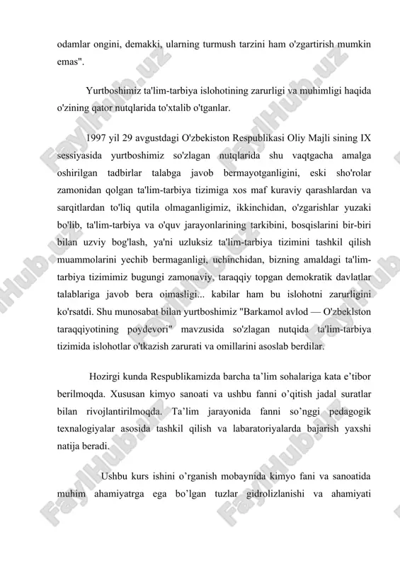 bilan kuchli asosdan yoki buning aksicha, kuchli kislota bilan kuchsiz asoslardan hosil bo’lgan tuzlar suvda eriganda, neytral reaksiya bera olmaydi. masalan: temir (iii)- xlorid fecl3 eritmasi, bizga ma’lumki, vodorod ionlari (gidroksoniy ionlari) borligini ko’rsatuvchi kislotali reasiyani nomoyon qiladi; natriy gipoxlorid naclo eritmasi gidroksil ionlariga xos bo’lgan ishqoriy reaksiyaga ega; kaliy sianid kcn (kuchsiz sianid kislota hcn tuzi ) eritmasi ham ishqoriy reaksiya beradi va hokazo. bu hodisalarga eritilgan tuz ionlari bilan suv ionlarining o’zaro ta’sir qilishi sabab bo’ladi deb tushuntirish mumkin, ularning o’zaro ta’siri natijasida ortiqcha vodorod va gidroksil ionlari hosil bo’ladi. suvda vodorod va gidroksil ionlarining konsentratsiyasi juda kam bo’lsa ham, bu ionlar suvning dissosilanmagan bir talay molekulalari bilan muvozanatda turadi. suv ionlaridan birortasining tuz ionlari bilan bog’lanishi muvozanatni buzib, suvning boshqa molekulalarini dissosialanishiga va eritmada suvning boshqa ioni xiyla ko’p to’planishiga sabab bo’ladi, buning natijasida, eritma kislotali yoki ishqoriy reaksiyaga ega bo’lib qoladi. tuz ionlari bilan suv ionlari …
