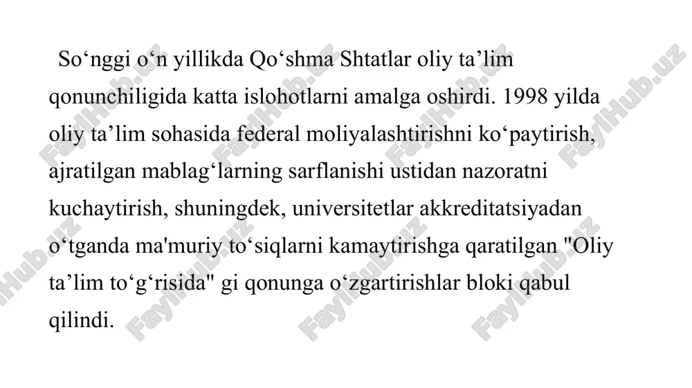 yon yevropa kengashining yevropa madaniy konventsiyasi orqali boshqa mamlakatlarga ochildi. boloniya jarayoni doirasidagi hukumat majlislari praga (2001), berlin (2003), bergen (2005), london (2007), leven (2009), budapesht-vena (2010), buxarest (2012), yerevanda bo‘lib o‘tdi. (2015) , parij (2018) va rim (2020). bugungi kunga qadar jarayonga yevropa kengashining yevropa madaniyat konventsiyasini (1954) ratifikatsiya qilgan 49 davlatdan 46 ta ishtirokchi davlat kiradi. boloniya jarayoni boshqa davlatlar uchun ham ochiq. yevropa oliy ta’lim hududini yaratish boloniya deb ham ataladigan yagona ta’lim tizimini nazarda tutadi va ko‘pincha "boloniya jarayoni" iborasi ta’lim sohasidagi xalqaro hamkorlikni emas, balki aynan ta’lim tizimini nazarda tutadi. boloniya ta’lim tizimi - bu "3+2+3" sxemasi bo‘yicha oliy ta’lim olishning yagona standarti tushunchasi. boshqacha aytganda, u uch bosqichdan iborat. birinchi talaba keng ixtisoslik davri bosqichi - bakalavr darajasiga ega bo‘lgan ta’limning birinchi bosqichi 3 (lekin ko‘pincha 4) yil davom etadi. ikkinchi bosqich magistratura - tanlangan yo‘nalish bo‘yicha torroq mutaxassislik (bu bakalavriatning davomi bo‘lishi mumkin …