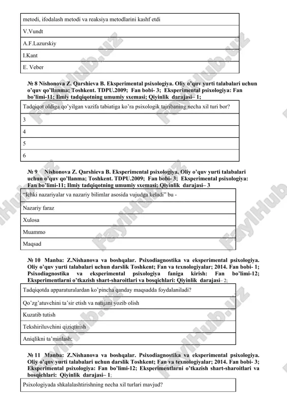 odlar nechta guruhga bo’linadi 3 ta 4 ta 5 ta 7 ta № 14 manba: z.nishanova va boshqalar. psixodiagnostika va eksperimental psixologiya. oliy o’quv yurti talabalari uchun darslik toshkent; fan va texnologiyalar; 2014. fan bobi- 1; psixodiagnostika va eksperimental psixologiya faniga kirish: fan bo’limi-3; psixodiagnostik tekshiruvda qo’llanadigan asosiy metodlar haqida umumiy ma`lumot; qiyinlik darajasi– 2; s. l. rubinshteyn “ummiy psixologiya asoslari” kitobida eng asosiy psixologik metodlar sifatida .... ni ajratib ko’rsatadi. kuzatuv, eksperiment kuzatuv, suhbat ichki va tashqi kuzatuv suhbat, eksperiment № 15 manba: z.nishanova va boshqalar. psixodiagnostika va eksperimental psixologiya. oliy o’quv yurti talabalari uchun darslik toshkent; fan va texnologiyalar; 2014. fan bobi- 1; psixodiagnostika va eksperimental psixologiya faniga kirish: fan bo’limi-3; psixodiagnostik tekshiruvda qo’llanadigan asosiy metodlar haqida umumiy ma`lumot; qiyinlik darajasi– 3; modellashtirishning qanday asosiy turlari bor struktura- furksionali, funksional- strukturali deduktiv, induktiv emprik, nazariy ichki, tashqi № 16 manba: z.nishanova va boshqalar. psixodiagnostika va eksperimental psixologiya. oliy …