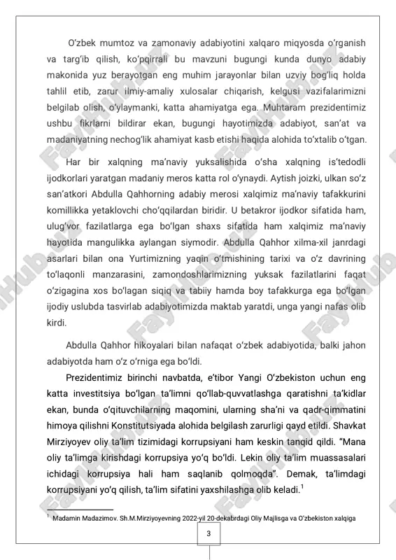 mavzuning ob’ekti: abdulla qahhor ijodiy faoliyati, hikoyalari mavzuning tuzilishi: ushbu kurs ishi kirish, 4 paragraf, xulosa, foydalanilgan adabiyotlar roʻyxatidan tashkil topgan. 1. abdulla qahhor hikoyalarining mavzu yo‘nalishi asli qoʻqonlik temirchi oilasida tugʻilgan abdulla qahhorning bolaligi qoʻqon va uning atrofidagi qishloqlarda oʻtgan. keyinchalik yozuvchi oʻzining , 6 “oʻtmishdan ertaklar” asarida bu haqida batafsil ma’lumotlar kiritib o‘tadi. abdulla qahhor ijodi she’riyat bilan boshlangan boʻlsa-da, uning adabiy merosi negizini nasriy asarlar tashkil etadi. “boshsiz odam” (1929) hikoyasi chop etilgan vaqtdan boshlab, umrining oxirigacha hikoya, ocherk, publitsistika, qissa va roman janrlarida samarali ijod qildi. uning “boshsiz odam” hikoyasi bilan boshlangan hikoyanavislik faoliyatida esa tarixiy o‘tmish aks ettirilgan. abdulla qahhor o‘rinli so‘z qo‘llash mahoratini puxta egallgan adibdir. ijodida voqelikni realistik talqin etish ustuvorlik qiladi. adib serqirra ijodkor sifatida adabiyotning deyarli barcha tur va janrlarida qalam tebratgan. uning “olam yasharadi” nomli birinchi hikoyalar to‘plami 1932-yilda bosilgan. abdulla qahhor ijodiy hayoti davomida 40 dan ziyod asar e’lon …