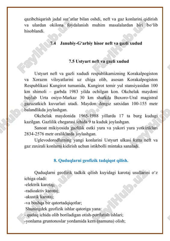 . lekin bu yerda asosiy o‘rinni diffuziya va adsorbsiya jarayonlari egallaydi. ps kattaligini qayd etish uchun ikki elektrodli tarh (sxema)dan foydalaniladi. bitta elektrod quduqni ustki qismiga mahkamlanadi, ikkinchisi (o‘lchovchi elektrod) esa quduq ichi bo‘ylab harakatlantiriladi. ps da qumtosh va glinistik tog‘ jinslari juda aniq ajraladi.burg‘ulash korishmasi qatlam suviga nisbatan chuchukrok bo‘lganda, qumqatlamlari ps da manfiy (minus), glinistik jinslar esa musbat ya’ni (plyus) bo‘ladi.ps ni bunaka egri chizig‘i “to‘g‘ri” deb ataladi. qatlam suvi bilan burg‘ulash korishmasi sho‘rligi teskari nisbatda bo‘lsa qumqatlamlari musbat(plyus), glinistik tog‘ jinslari esa manfiy (minus) bo‘ladi. ps ni bunaka egri chizii “teskari ” deb ataladi. ps egri chiziklaridan quduqlarni kirkimlari, kollektorlarni, qatlam suvi sho‘rlanganligini, tog‘ jinslarni glinistikligi va mahsuldor qatlamlarin kollektorlik xususiyatlarini aniqlashda foydalaniladi. 8.2 qarshilik usuli (ks)ni qarshilik usuli (ks)ni - kuyidagi qarshilik karotajlariga ajratish mumkin: - oddiy uch elektrodli zondli karotaj; - tanlangan oddiy zondlar to‘plami yordamida yonlama karotajli zondlash; - yonlama karotaj; - mikrokarotaj; - …
