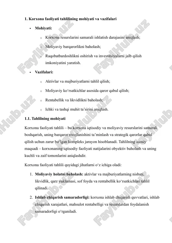 sh strategiyalarini ishlab chiqish va nazorat mexanizmlarini joriy qilish. 6. resurslarni samarali boshqarish · moddiy, moliyaviy, mehnat va intellektual resurslardan maksimal darajada samarali foydalanishni ta’minlash. · korxona ishlab chiqarish quvvatlari va moliyaviy imkoniyatlarini optimallashtirish. korxona faoliyati tahlili – bu faqat moliyaviy ko‘rsatkichlarni o‘rganish emas, balki korxona strategiyasini shakllantirish, resurslarni samarali taqsimlash, risklarni boshqarish va raqobatbardoshlikni oshirishga xizmat qiluvchi kompleks jarayondir. tahlil natijalari rahbariyatga aniq ma’lumot beradi, bu esa korxona barqaror rivojlanishini ta’minlash va moliyaviy jihatdan mustahkam bo‘lishiga yordam beradi. 2. korxona faoliyatini tahlil qilishning usullari · moliyaviy tahlil usullari: balans va daromadlar hisobotlarini o‘rganish; moliyaviy ko‘rsatkichlarni hisoblash. · iqtisodiy tahlil: ishlab chiqarish samaradorligi, rentabellik, xarajatlarni boshqarish. · statistik usullar: grafiklar, diagrammalar yordamida tahlil. · kvantitativ va sifatli usullar: swot tahlil, korxona ichki va tashqi muhitini baholash. 2. korxona faoliyatini tahlil qilishning usullari korxona faoliyatini tahlil qilish jarayoni — bu korxona iqtisodiy va moliyaviy holatini, ishlab chiqarish samaradorligi va rentabellikni baholashga …