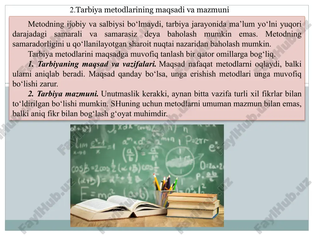 gogikada ba’zilari amaliy vazifalarni hal etishga, ba’zilari faqat nazariy vazifalarni o‘zida aks ettiradigan o‘nlab tarbiya tasniflari mavjud. metodlar o‘ziga xos xarakteriga ko‘ra ishontirish, mashq, rag‘batlantirish va tanbeh berishga bo‘linadi. mazkur holatda metodning umumiy xarakterli belgisi uo‘zida yo‘nalganlikni, o‘ziga xoslikni, qo‘llanishga yaroqlilikni aks ettiradi. bu tasnifga metodlarning ko‘proq umumlashganligi bilan ajralib turuvchi tarbiyaning umumiy metodlari mustahkam tutashib ketadi. u o‘zida ishontirsh, faoliyatni tashkil etish, o‘quvchilarning xulq-atvorini rag‘batlantirish metodlarini qamrab oladi. i.s. marenkoning tasnifida tarbiya metodlari guruhlar quyidagicha nomlanadi: tushuntirshli-reproduktiv, muammoli vaziyatli, o‘rgatish va mashq metodlari, rag‘batlantirish, to‘sqinlik qiluvchi, boshqarish, o‘zini-o‘zi tarbiyalash. tarbiyalanuvchilarga ta’sir etishi natijalariga ko‘ra metodlarni ikki guruhga bo‘lish mumkin: 1. axloqiy me’yorlar, motivlarni hosil qilishga, tasavvur, tushuncha, g‘oyalarni shakllantirishga ta’sir etuvchi. 2. xulq-atvorning u yoki bu turini aniqlaydigan odatlarni hosil qilishga ta’sir etuvchi. metodlar tarbiyaning maqsad va mazmuniga bogʻliq boʻladi. tarbiya metodlari barkamol shaxs fazilatlarini tarkib toptirishga qaratilgan boʻladi. shuning uchun tarbiyalanuvchilarning rivojlanganlik darajasini hisobga olish tarbiya metodlaridan samarali …