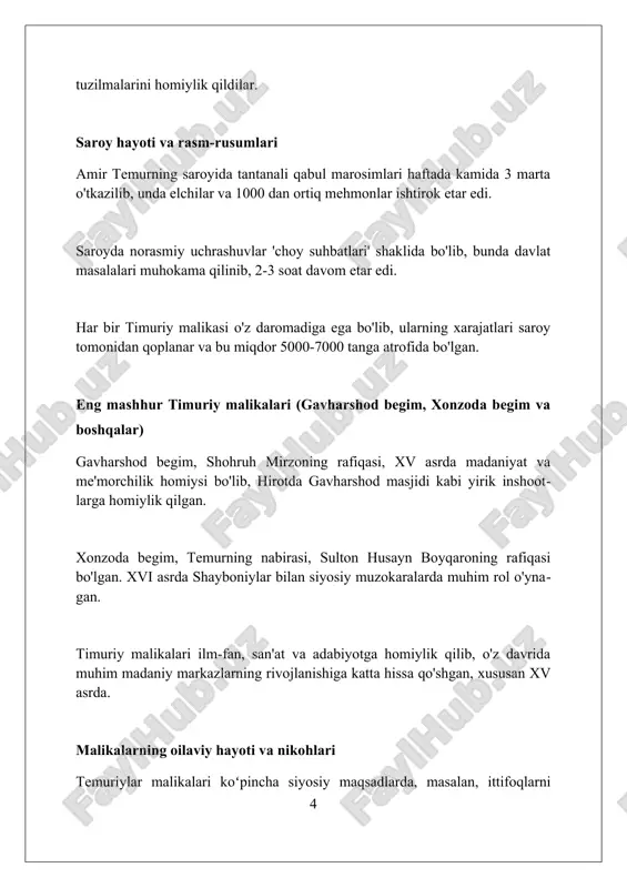 im madaniy homiylik orqali mashhur bo'lgan, uning samarqanddagi me'moriy loyihalari va ilm-fanga qo'shgan hissasi tarixda muhim o'rin tutadi. timuriy malikalarining shaxsiy hayoti, turmush qurishi va oilaviy aloqalari haqida ma'lumotlar bor, ularning nikohlari siyosiy ittifoqlarni mustahkamlashda 14 asrda muhim ahamiyat kasb etgan. timuriy malikalarning bugungi kundagi ahamiyati temuriylar malikalari faoliyati, 15-asr madaniy yuksalishida muhim rol o'ynagan. ularning homiyligi san'at, ilm-fan rivojiga katta hissa qo'shgan va bugungi kunda meros sifatida qadrlanadi. malikalarning ta'limga e'tibori, xususan 1420-yildagi gavkharshodbegim madrasasi, gender tengligi va ayollar imkoniyatlarini kengaytirishga qaratilgan bugungi kun sa'y-harakatlariga turtki beradi. bibixonim kabi malikalarning ijtimoiy loyihalari, masalan, samarqanddagi 1399-1404-yillarda qurilgan masjidlar, bugungi kunda jamiyat farovonligiga qaratilgan xayriya va ijtimoiy tashabbuslarga namuna bo'lib xizmat qiladi. xulosa xulosa shuni ko'rsatadiki, temuriylar davrida malikalarning roli faqatgina siyosiy emas, balki madaniy-ma'rifiy sohalarda ham muhim ahamiyatga ega bo'lgan. tadqiqot natijalari shuni tasdiqlaydiki, amir temur davridagi malikalar davlat boshqaruvida bevosita ishtirok etmasalar ham, muhim qarorlarga ta'sir ko'rsatish imkoniyatiga ega …