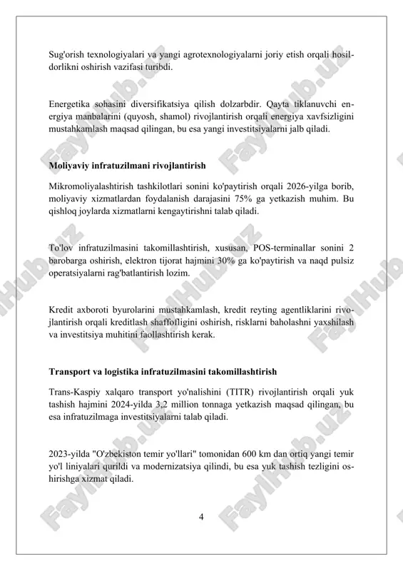 ishga yordam beradi. davlat-xususiy sheriklik (dxsh) mexanizmlarini qo'llash dxsh loyihalarida xalqaro tajribani qo'llash orqali 2023-yilda risklarni minimallashtirish va investitsiyalarning 15% ga oshishiga erishish mumkin, shuningdek, yechimlarni topish osonroq bo'ladi. dxsh to'g'risidagi qonunchilikka 2024-yilda kiritiladigan o'zgartishlar loyihalarni tezlashtiradi, byurokratiyani 10% ga kamaytiradi va xususiy investorlarga ko'proq kafolatlar beradi. 2025-yilga mo'ljallangan dxsh dasturi transport, energetika va ta'lim sohalarida 30 dan ortiq loyihalarni o'z ichiga oladi, bu esa infratuzilmani rivojlantirishga 20% hissa qo'shadi. xalqaro tajribani o'rganish va joriy etish singapur tajribasi: elektron hukumat tizimi (e-government) va raqamli infratuzilmani joriy etish orqali davlat xizmatlarini 95% optimallashtirish va biznes uchun qulay muhit yaratish. janubiy koreya modeli: yuqori texnologiyalar parklarini (masalan, daedeok innopolis) yaratish, investitsiyalarni 30% oshirish va tadqiqotlarni tijoratlashtirish orqali innovatsion ekosistemani rivojlantirish. yevropa ittifoqi standartlari: barqaror rivojlanish mezonlariga (esg) mos investitsiya loyihalarini baholash metodologiyasini qo'llash orqali ekologik xavfsizlikni ta'minlash va 25% resurslarni tejash. investitsiya muhitini yaxshilash soliq yukini kamaytirish, ayniqsa foyda solig‘i stavkasini 15% …