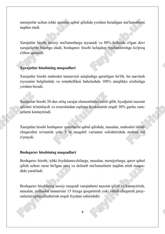 ar ko'rish imkonini beradi. budjetlashtirish va xarajatlarni nazorat qilish budjetlashtirish jarayoni kompaniyaga kelgusi davr uchun 20% foyda marjasiga erishishga qaratilgan maqsadlarni aniq belgilash imkonini beradi. xarajatlarni nazorat qilishda 10% gacha tejamkorlikka erishish uchun standart xarajatlar bilan haqiqiy xarajatlar o'rtasidagi farqlar tahlil qilinadi. budjetlashtirish va xarajatlarni nazorat qilish birgalikda resurslarni maqsadli taqsimlashga yordam berib, 15% operatsion samaradorlikni oshirishga xizmat qiladi. standart xarajatlar hisobi va variatsiya tahlili standart xarajatlar hisobi 1 dona mahsulot uchun oldindan belgilangan xarajatlardan foydalanadi, bu byudjetlashtirish va xarajatlarni nazorat qilish uchun erta bosqichda benchmarkni taqdim etadi. variatsiya tahlili haqiqiy xarajatlarni standart xarajatlar bilan solishtiradi, bu esa 5% dan ortiq farq kabi muhim farqlarni aniqlashga va ularni o'rganishga yordam beradi. ijobiy variatsiyalar (standartdan pastroq xarajatlar) 10% tejamkorlikni ko'rsatishi mumkin, ammo ular xomashyo sifatining pasayishi kabi yashirin muammolarni ham yashirishi mumkin. rentabellikni tahlil qilish rentabellikni tahlil qilishda sof foyda marjasi (misol uchun, 15%) baholanadi, bu har bir so'm daromadga qancha …