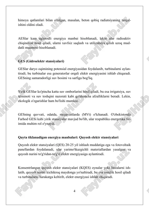 omassani yoqish natijasida hosil bo'lgan issiqlik suvni bug'ga aylantiradi. dengiz to'lqinlari va oqimlari elektr stansiyalari dengiz to'lqinlari energiyasini o'zgartirish qurilmalari 0,5 mvtdan 10 mvtgacha bo'lgan quvvatga ega bo'lishi mumkin, bu esa qirg'oqbo'yi jamiyatlarining ehtiyojlarini qondirish uchun etarli energiya beradi. dengiz oqimi turbinalari soatiga 2,5 metrdan yuqori tezlikda harakatlanuvchi suv oqimlarida samarali ishlaydi, bu esa yiliga 40-50% quvvat koeffitsientiga erishish imkonini beradi. to'lqin energiyasini yig'ish texnologiyalari orasida oscillating water column (owc) tizimlari mavjud bo'lib, ular havo orqali turbinani aylantirib, elektr energiyasi ishlab chiqaradi, samaradorligi esa 15% dan 20% gacha. energiya saqlash texnologiyalari elektr kimyoviy saqlash, masalan, litiy-ion batareyalari, yuqori energiya zichligiga ega bo'lib, 90% gacha samaradorlik bilan portativ qurilmalar va ev larni quvvatlantirishda ishlatiladi. issiqlik energiyasini saqlash (tes) erigan tuzlardan foydalanadi, bu esa ortiqcha issiqlik energiyasini, masalan, quyosh issiqlik elektr stantsiyalaridan 600°c gacha bo'lgan yuqori haroratda saqlash imkonini beradi. mexanik saqlash, jumladan siqilgan havo energiyasini saqlash (caes), er osti g'orlarida havoni …