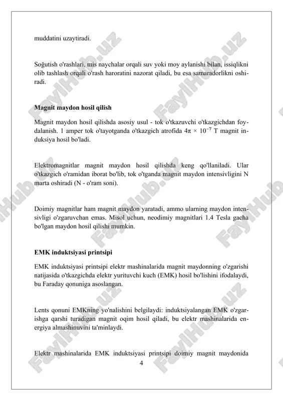 n, bu esa aylanuvchi magnit maydonini hosil qiladi. asinxron dvigatellarda rotorning aylanish tezligi (ns) statorning magnit maydoni tezligidan (ns) kichik bo'ladi; bu farq slip (s) deb ataladi va u dvigatelning ishlashi uchun zarur. sinxron mashinalar, odatda, qo'zg'atish o'rashiga ega bo'lib, unga doimiy tok beriladi. bu o'rash aylanuvchi magnit maydonni hosil qiladi va rotorning sinxron tezlikda (ns = 120f/p) aylanishini ta'minlaydi. transformatorlar: asosiy tushunchalar transformatorlar elektromagnit induksiya asosida ishlaydi, kirish kuchlanishini (v1) o'zgartirib, chiqish kuchlanishini (v2) hosil qiladi. asosiy o'ram (n1) va ikkilamchi o'ram (n2) nisbati kuchlanishni aniqlaydi. transformatorning ishlash printsipi o'zgaruvchan tok yordamida magnit oqimini yaratadi, bu esa ikkilamchi o'ramda eyuk (elekt yurituvchi kuch) induksiyalashiga olib keladi, energiya uzatilishini ta'minlaydi. transformatorlarda asosiy yo'qotishlar mis (i²r) yo'qotishlari va temir (gysteresis va uyurma toklar) yo'qotishlaridir. yuqori samaradorlikka erishish uchun bu yo'qotishlarni minimallashtirish katta ahamiyatga ega. yo'qotishlar va samaradorlik elektr mashinalarida yo‘qotishlar mis yo‘qotishlari (i²r), temir yo‘qotishlari (g‘alvir va histerezis), mexanik yo‘qotishlar (ishqalanish), …