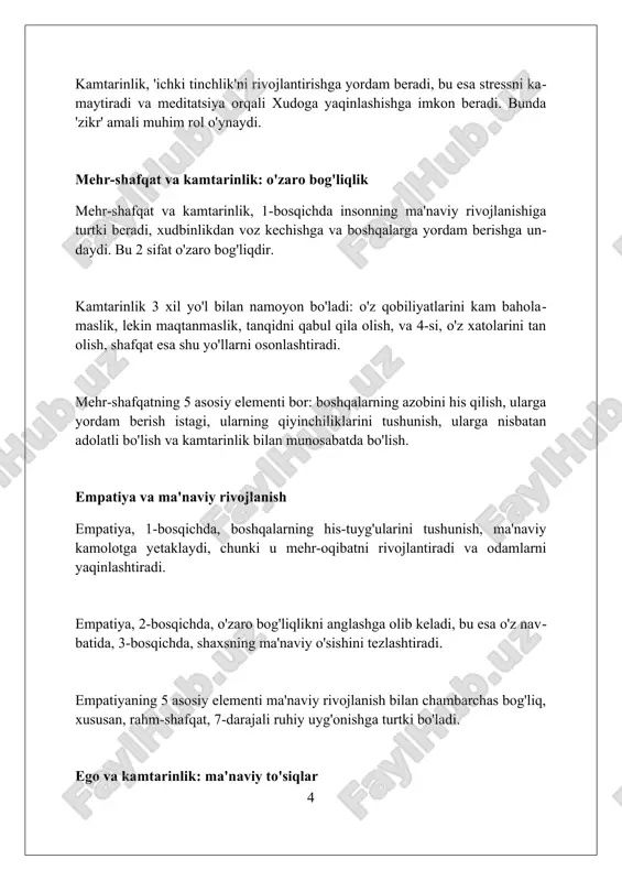 hiy rivojlanish bilan chambarchas bog'liq ekanligini ko'rsatdi; 30% faolroq bog'lanish. shaxsiy rivojlanish uchun amaliy maslahatlar o'zingizga aniq, erishish mumkin bo'lgan maqsadlar qo'ying; masalan, har hafta 3 ta yangi ko'nikma o'rganishga intiling, bu rivojlanish yo'lingizda strategik qadamdir. har kuni 15 daqiqa davomida o'zingiz haqingizda fikr yuriting; nima yaxshi ketayotgani va nimani yaxshilash kerakligini tahlil qiling, bu o'z-o'zini anglashni oshiradi. kuniga kamida 30 daqiqa jismoniy mashqlar qiling; sog'lom tana - sog'lom fikr degan qoidaga amal qiling, bu energiya va konsentratsiyani oshirishga yordam beradi. xulosa xulosa shaxsning ma'naviyatiga ta'siri bo'yicha asosiy fikrlarni 1-3 ta asosiy nuqtada qisqacha jamlashni o'z ichiga oladi, umumiy ma'noni ochib beradi. yakuniy xulosa, odatda, 2-4 ta asosiy xulosaga asoslanadi va mehribonlik hamda kamtarlikning ma'naviyatga qo'shgan 0-100% hissasini baholaydi. xulosa shaxsning ma'naviy rivojlanishida mehribonlik va kamtarlikning ahamiyatini 3-4 ta dalil bilan ta'kidlaydi, yangi tushunchalarni 2-3 ta qisqa jumla bilan beradi. savol-javoblar "savol-javoblar" 16-asrning oxirida paydo boʻlgan, diniy mavzularda oʻzbek olimlari …