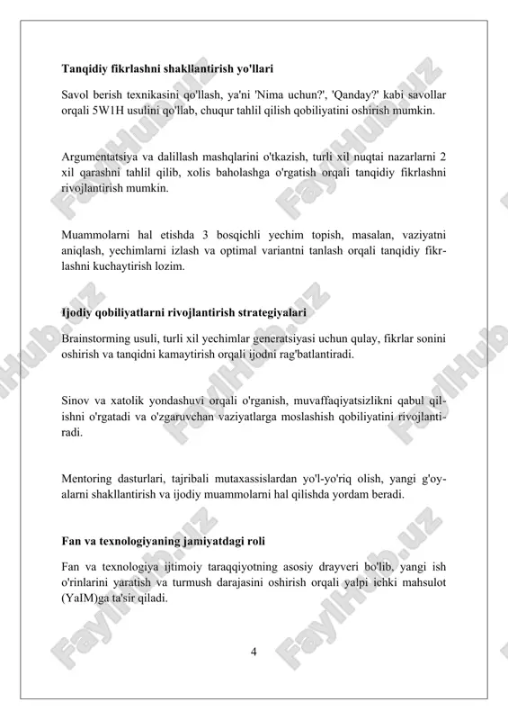 affofligini ta'minlaydi, ma'lumotlarni soxtalashtirishning oldini oladi, bu muhim qoida hisoblanib, natijalarga ta'sir qiladi. mas'uliyat ilmiy faoliyatda sezilarli rol o'ynaydi, jamiyatga ta'siri tufayli. olimlar o'z ishlarining potentsial oqibatlarini tushunishlari kerak. ilmiy etika va mas'uliyat tadqiqot natijalarining to'g'ri talqin qilinishi, xatolarni tuzatish va boshqa olimlarning ishini hurmat qilishni anglatadi. ta'lim jarayonida innovatsion texnologiyalardan foydalanish ta’limda stem yondashuvini qo'llash orqali 21-asr ko'nikmalarini rivojlantirish, amaliy topshiriqlarni bajarishda yangi texnologiyalardan foydalanishga o'rgatish muhim ahamiyatga ega. virtual reallik (vr) va kengaytirilgan reallik (ar) texnologiyalari o'quvchilarga mavzularni vizual tarzda o'rganish imkoniyatini beradi, bu esa ularning tushunish darajasini sezilarli darajada oshiradi. sun'iy intellekt (ai) asosidagi adaptiv ta'lim platformalari har bir o'quvchining ehtiyojlariga moslashtirilgan individual o'quv dasturlarini yaratishga yordam beradi, bu esa ta'lim samaradorligini oshiradi. o'qituvchining ilmiy dunyoqarashni shakllantirishdagi roli o'qituvchi, fanning asosiy tamoyillarini tushuntirib, 21-asr talablariga mos ilmiy tafakkurni o'stirishda muhim 1-o'rinda turadi. o'qituvchi, metodologik bilimlarni singdirib, faktlarni tanqidiy baholash va 2-darajali xulosalar chiqarish qobiliyatini rivojlantirishi shart. o'qituvchi, …