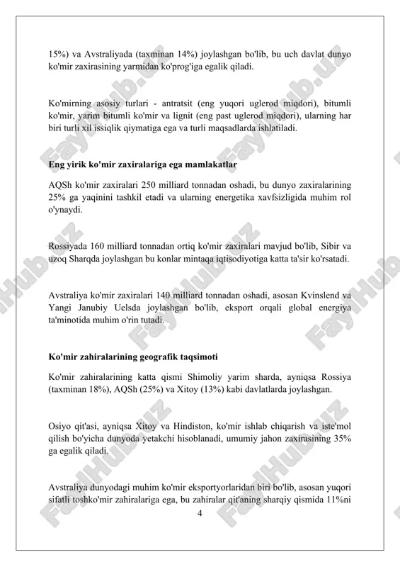 timolini kamaytiradi va iste'molchilarni doimiy ravishda elektr energiyasi bilan ta'minlash imkonini beradi. ko'mir, neft va gazga nisbatan keng tarqalgan geografik taqsimotga ega, bu esa ko'plab mamlakatlarga importga kamroq bog'liq bo'lish imkonini beradi, shu bilan milliy energiya xavfsizligini 30-35% oshiradi. ko'mir energetikasining kamchiliklari va atrof-muhitga ta'siri ko'mir yoqilg'isi co2 emissiyasining eng katta manbai bo'lib, global isishga 40% hissa qo'shadi va bu atmosferada issiqxona gazlarining konsentratsiyasini oshiradi. ko'mir qazish va yoqish jarayoni tuproq eroziyasi, suvning ifloslanishi va o'simliklar hamda hayvonlar yashash joylarining yo'qolishiga olib keladi, bu esa biologik xilma-xillikka salbiy ta'sir qiladi. ko'mir yoqilg'isidan hosil bo'ladigan zaharli moddalar (so2, nox, pm2.5) nafas olish kasalliklarini, yurak-qon tomir kasalliklarini keltirib chiqaradi va har yili millionlab odamlarning o'limiga sabab bo'ladi. ko'mirni tozalash va qayta ishlash texnologiyalari ko'mirni tozalashda zichlikka asoslangan ajratish usuli keng qo'llaniladi, bunda ko'mir va aralashmalar zichlik farqi orqali ajratiladi. bunda odatda suv, og'ir suyuqliklar yoki havo kabi vositalar ishlatiladi. ko'mirni qayta ishlash …