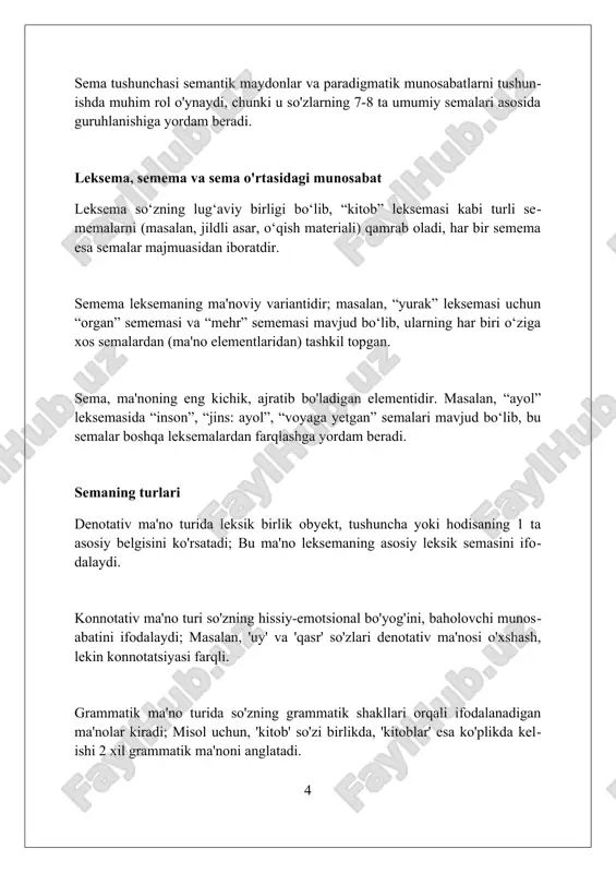 k'ni bildiradi. leksik munosabatlar leksik munosabatlar, masalan, sinonimiya 2 ta yoki undan ortiq so‘zning (leksemalarning) ma’nolari o‘xshashligini anglatadi, lekin 100% mos kelmasligi mumkin, ma’no nozikliklari farq qilishi mumkin. antonimiya leksik munosabatlar doirasida 2 ta so‘zning (leksemalarning) ma’nosi bir-biriga zid ekanligini ko‘rsatadi, masalan, «katta» va «kichik» kabi, ziddiyat shkalasi aniqligiga bog‘liq. giponimiya leksik munosabatlar turlaridan biri bo‘lib, 1 so‘z (giponim) ma’nosi boshqa so‘z (giperonim) ma’nosiga kiritilgan, masalan, «lolalar» – «gul» degan tushunchaning bir qismidir, turlicha tasniflashga asoslangan. amaliy ahamiyati "amaliy ahamiyati" lingvistik tahlilda so'zlarning ma'nolarini aniqlashda, masalan, "ko'p ma'noli" so'zlarni (10 dan ortiq sememaga ega) kontekstga qarab tushunishda muhim rol o'ynaydi. ushbu tushuncha kompyuter lingvistikasida matn tahlili va mashina tarjimasi kabi vazifalarni yaxshilashga yordam beradi, chunki har bir leksemaning 5 dan ortiq sememi mavjudligi muvaffaqiyatni oshiradi. "amaliy ahamiyati" semantik web texnologiyalarida ham qo'llaniladi, bunda ontologiyalar va ma'lumotlar bazalarini qurishda, leksemaning 2-3 semalarini aniq ajratish axborotni samarali qidirishga yordam beradi. xulosa xulosa …