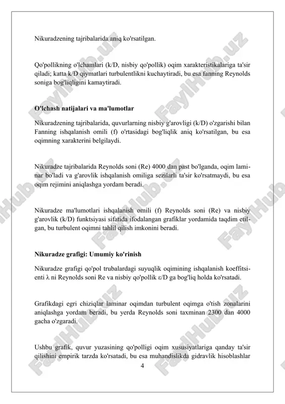 ashga yordam berdi. g'adir-budirlikning turli qiymatlarida olingan eksperimental ma'lumotlar yordamida, nikuradze grafiklaridan foydalanib, laminardan turbulent oqimgacha bo'lgan o'tish nuqtalarini aniqlash mumkin bo'lgan 0.01 dan 0.05 gacha bo'lgan oraliqda reynolds sonini baholash imkonini beradi. nikuradzening grafiklari, ishqalanish omilini hisoblash uchun universal vosita bo'lib, g'adir-budir quvurlarda suyuqlikning harakatini o'rganishda muhim ahamiyatga ega bo'lib, 10^4 dan katta reynolds sonlarida ishlaydi va sanoatning turli sohalarida qo'llaniladi. reynolds sonining roli reynolds soni suyuqlik oqimining xarakterini aniqlashda muhim rol o'ynaydi, inertial kuchlarning qovushqoqlik kuchlariga nisbatini ifodalaydi, bu nisbat laminar yoki turbulent oqim bo'lishini belgilaydi. reynolds soni kritik qiymatdan (re > 4000 quvurlar uchun) oshib ketganda, oqim turbulent bo'ladi, tartibsizlik va aralashish kuchayadi, bu gidravlik qarshilikning oshishiga olib keladi. reynolds sonini hisoblashda suyuqlikning zichligi (ρ), tezligi (v), xarakterli uzunligi (d) va dinamik qovushqoqligi (μ) kabi parametrlar hisobga olinadi, bu son oqimning holatini aniq baholash imkonini beradi. amaliy ahamiyati va qo'llanilishi nikuradze tajribalari quvurlarni loyihalashda qo'llaniladi, bu yerda …