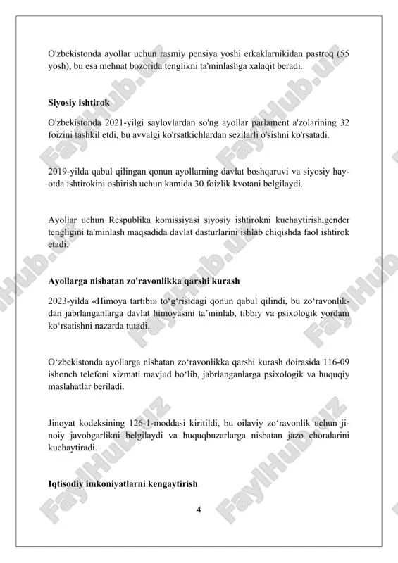 gini targ'ib qilishda muhim rol o'ynaydi, monitoring olib boradi va 100 dan ortiq loyihalarni amalga oshiradi. ommaviy axborot vositalari gender stereotiplariga qarshi kurashda muhim ahamiyatga ega, jamiyatda 60 foizga yaqin ayollarning rolini o'zgartirishga yordam beradi. mahalla fuqarolar yig'inlari 9000 dan ortiq hududlarda ayollarning huquqlarini himoya qilishda, shuningdek, ularning ijtimoiy-iqtisodiy faolligini oshirishda muhim ahamiyat kasb etadi. xalqaro hamkorlik o'zbekiston bmtning gender tengligi va ayollarning huquq va imkoniyatlarini kengaytirish bo'yicha ko'plab konvensiyalariga, jumladan cedawga qo'shilgan, bu davlatning xalqaro majburiyatlarini belgilaydi. o'zbekiston osiyo taraqqiyot banki (otb) va jahon banki kabi tashkilotlar bilan ayollarning tadbirkorligini qo'llab-quvvatlash va gender asosidagi zo'ravonlikka qarshi kurashish bo'yicha loyihalarda faol hamkorlik qilmoqda. o'zbekiston yevropa ittifoqi bilan hamkorlikda gender tengligini ta'minlashga qaratilgan milliy strategiyalar va dasturlarni ishlab chiqish hamda ularning samaradorligini baholashda texnik yordam oladi. yutuqlar va muammolar 2021-yilda jinsiy zo'ravonlik uchun jinoiy javobgarlik kuchaytirildi, ammo bu qonunlar amalda qo'llanilishida muammolar mavjud. ko'p holatlarda jabrlanuvchilar tazyiqlarga duch kelishadi. ta'lim sohasida …