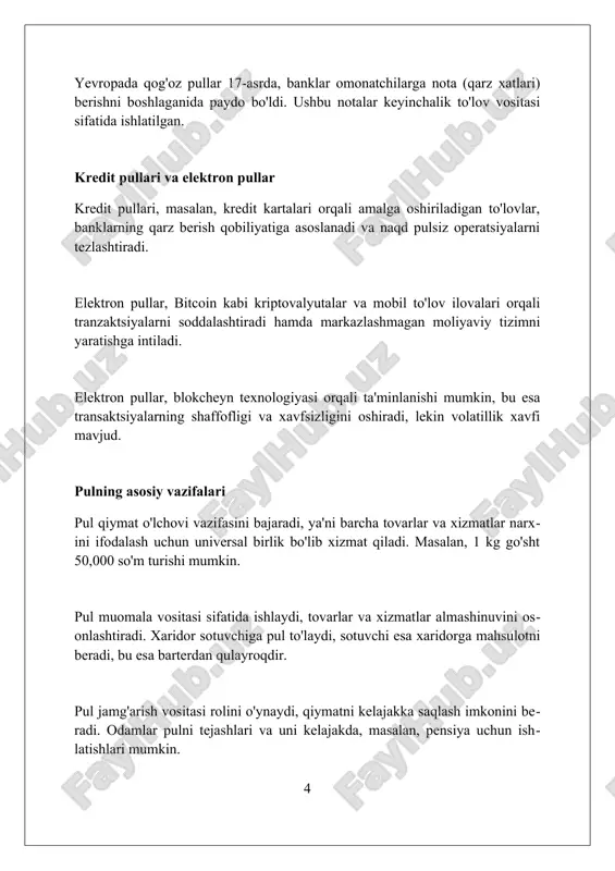 n. jahon puli xalqaro toʻlov vositasi sifatida ishlatiladi, masalan, transchegaraviy savdoda aqsh dollari, yevro va funt sterling kabi valyutalar muhim rol oʻynaydi. jahon puli qiymat oʻlchovi vazifasini bajaradi, global savdoda mahsulot narxlari koʻpincha aqsh dollari yoki boshqa barqaror valyutalarda belgilanadi, bu esa 2 ta davlatga qulay. zamonaviy pul tizimlari: umumiy ko'rinish zamonaviy pul tizimlari ko'pincha fiat pullarga asoslangan, ularning qiymati davlat tomonidan belgilanadi, oltin yoki boshqa qimmatbaho metallar bilan bog'liq emas. ko'pgina mamlakatlar suzuvchi valyuta kurslaridan foydalanadi, bunda valyuta qiymati valyuta bozorida talab va taklif asosida aniqlanadi. markaziy banklar zamonaviy pul tizimlarida muhim rol o'ynaydi; ular foiz stavkalarini belgilaydi va pul massasini nazorat qiladi. markaziy banklarning roli markaziy banklar inflyatsiyani nazorat qilish uchun foiz stavkalarini o'zgartiradi, bu esa pul massasiga ta'sir qilib, iqtisodiy barqarorlikni ta'minlaydi, maqsad - 2% inflatsiya darajasiga erishish. markaziy banklar davlat obligatsiyalarini sotib olish va sotish orqali ochiq bozor operatsiyalarini amalga oshirib, banklararo foiz stavkalariga ta'sir ko'rsatadi …