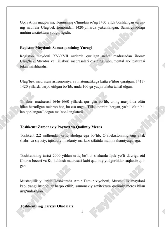 ning hayoti va ilmiy faoliyatini tadqiq etish, asarlarini nashr qilish bilan shugʻullanadi. markazlarning faoliyati 100 dan ortiq xalqaro konferensiyalar oʻtkazish, 50 dan ortiq kitoblar nashr etish va minglab maqolalar chop etish orqali ilm-fanga xizmat qiladi. me'morchilik usullari va san'ati me'morlar ix-xii asrlarda g'isht terishda murakkab geometrik naqshlardan, masalan, girihlardan foydalanganlar, bu esa binolarga o'ziga xos joziba bag'ishlagan. xvi-xvii asrlarda binolar qurilishida rangli sirlangan koshinlar keng qo'llanilgan. ularning yordamida binolarning fasadlari yorqin va nafis ko'rinishga ega bo'lgan. xalq ustalari yog'och o'ymakorligi san'atida islimiy naqshlar, geometrik shakllar va epigrafik yozuvlardan ustalik bilan foydalanganlar, bu esa eshik va ustunlarga o'ziga xos bezak bergan. bugungi kunda qadimiy shaharlar bugungi kunda buxoro, samarqand va toshkent shaharlari unesco ro'yxatiga kiritilgan bo'lib, turizmni rivojlantirish va 2,000 yillik tarixni saqlab qolish uchun muhim markazlardir. qadimiy shaharlar zamonaviy infratuzilmani rivojlantirish bilan birga an'anaviy hunarmandchilik, xususan, gilamdo'zlik, kashtachilik va zargarlik san'atini tiklashga uringan 50 dan ortiq ustaxonalarga ega. o'zbekiston hukumati …