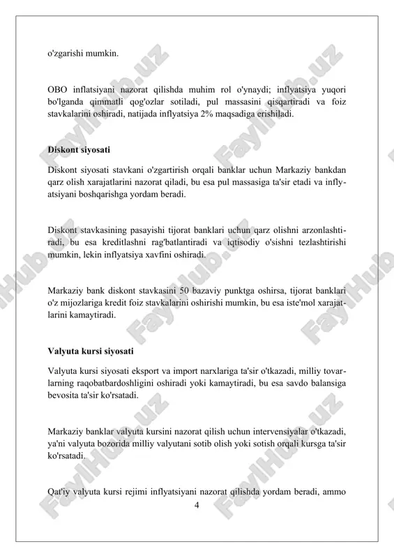 si (masalan, 14%) depozit operatsiyalarining stavkasini belgilaydi, bu esa likvidlikni boshqarishga yordam beradi. koridorning kengligi (farqi, masalan, 2%) pul bozoridagi volatillikni ko'rsatadi: tor koridor barqarorlikni, keng koridor esa notinchlikni aks ettirishi mumkin, bu esa pul-kredit siyosatiga ta'sir qiladi. likvidlilikni boshqarish likvidlilikni boshqarish banklarning qisqa muddatli aktivlari va majburiyatlarini maqbul darajada ushlab turishga qaratilgan bo'lib, foiz stavkalari va valyuta kurslarining o'zgarishini nazorat qiladi. markaziy banklar likvidlilikni boshqarish uchun depozit auksionlari, repo operatsiyalari va zaxira talablari kabi vositalardan foydalanadi, bu esa pul massasini tartibga solishga yordam beradi. likvidlilikni boshqarish bank tizimining barqarorligini ta'minlashda muhim rol o'ynaydi, chunki u banklarning to'lov qobiliyatini saqlab turishga va inqiroz paytida zararni minimallashtirishga yordam beradi. inflatsiya targetlash infliatsiya targetlash – bu markaziy bankning 1-3% kabi aniq infliatsiya maqsadini e’lon qilish orqali narx barqarorligiga erishishga qaratilgan pul-kredit siyosati rejimi hisoblanadi. ushbu tizimda markaziy bank foiz stavkalari kabi vositalardan foydalanib, kelajakdagi inflyatsiya prognozini maqsadli darajaga yaqinlashtirishga harakat qiladi, shaffoflik …