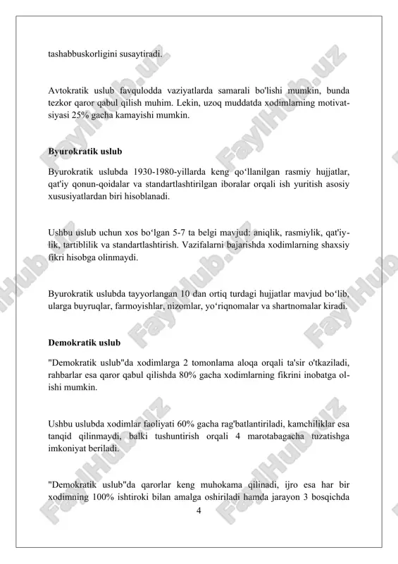 aja baholash tizimida ishtirokini rag'batlantiradi, bu esa adolatli boshqaruv tamoyillarini mustahkamlaydi. boshqaruv madaniyati 70% hollarda xodimlarning motivatsiyasini oshiradi, bu esa yuqori natijalarga erishishga yordam beradi. uslubni tanlash omillari murojaat etilayotgan auditoriya xususiyatlari, masalan, ularning bilim darajasi, yoshi va madaniyati, uslub tanlashga sezilarli ta'sir ko'rsatadi. yozuvchi 100% aniqlik bilan tushunilishni ta'minlashi kerak. kommunikatsiya maqsadi muhim omil: axborot berish, ishontirish yoki ko'ngil ochish maqsadlari turli xil uslublarni talab qiladi. maqsad, taxminan 85% uslub tanlashni belgilaydi. mavzuning murakkabligi va texnik xususiyatlari ham uslubga ta'sir o'tkazadi. masalan, huquqiy hujjatlar aniqlik uchun 90% rasmiy uslubni talab qilishi mumkin. uslublarning afzalliklari va kamchiliklari rasmiy uslublar aniqlikni ta'minlaydi, ammo 1) murakkabligi sababli tushunish qiyin bo'lishi mumkin; 2) individual fikr yo'qligi ijodkorlikni cheklaydi; 3) byurokratik kechikishlar natijasida samaradorlik pasayadi. rasmiy uslublarning afzalliklari: 1) standartlash orqali adolat ta'minlanadi; 2) hujjatlashtirish tartibi aniq; 3) axborot almashinuvi tezlashadi, kamchiliklari esa moslashuvchanlikning past darajasi. rasmiy uslublar, qonuniy hujjatlarda muhim ahamiyatga ega. 1) …