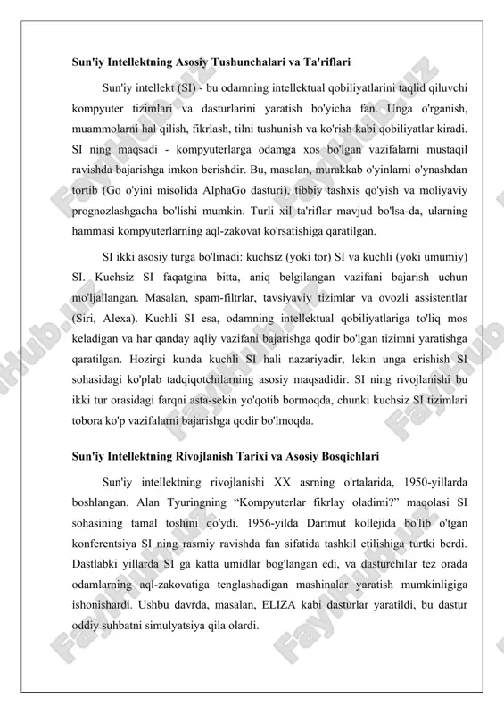 tor ai mashinaviy o'rganish neyron tarmoqlar umumiy ai chuqur o'rganish tabiiy tilni qayta ishlash (nlp) super ai mustahkamlash orqali o'rganish kompyuter ko'rish mashinaviy o'rganish klassifikatsiya algoritmlar chuqur o'rganish regressiya katta ma'lumotlar sun'iy intellekt usullari: mashinalarni o'qitish va chuqur o'rganish mashinalarni o'qitish (mo) sun'iy intellektning asosiy usullaridan biri bo'lib, unga ko'ra kompyuterlar ma'lumotlardan o'rganish va bashorat qilish yoki qaror qabul qilish qobiliyatiga ega bo'ladi. mo algoritmlari turli xil ma'lumotlar to'plamlaridan namunalar olish orqali o'zlarining ishlashini yaxshilaydi. moning asosiy turlari quyidagilar: nazorat ostidagi o'qitish (supervised learning), nazorat ostisiz o'qitish (unsupervised learning) va kuchaytirilgan o'qitish (reinforcement learning). nazorat ostidagi o'qitishda algoritmga to'g'ri javoblari belgilangan ma'lumotlar beriladi, nazorat ostisiz o'qitishda esa ma'lumotlar yorliqlanmagan bo'ladi va algoritm o'z-o'zidan naqshlarni topadi. kuchaytirilgan o'qitishda algoritm harakatlari uchun mukofot yoki jazo oladi va shu orqali maqsadga erishishni o'rganadi. chuqur o'rganish (dl) mashinalarni o'qitishning bir turi bo'lib, ko'p qatlamli neyron tarmoqlaridan foydalanadi. ushbu tarmoqlar inson miyasining tuzilishini taqlid qiladi …